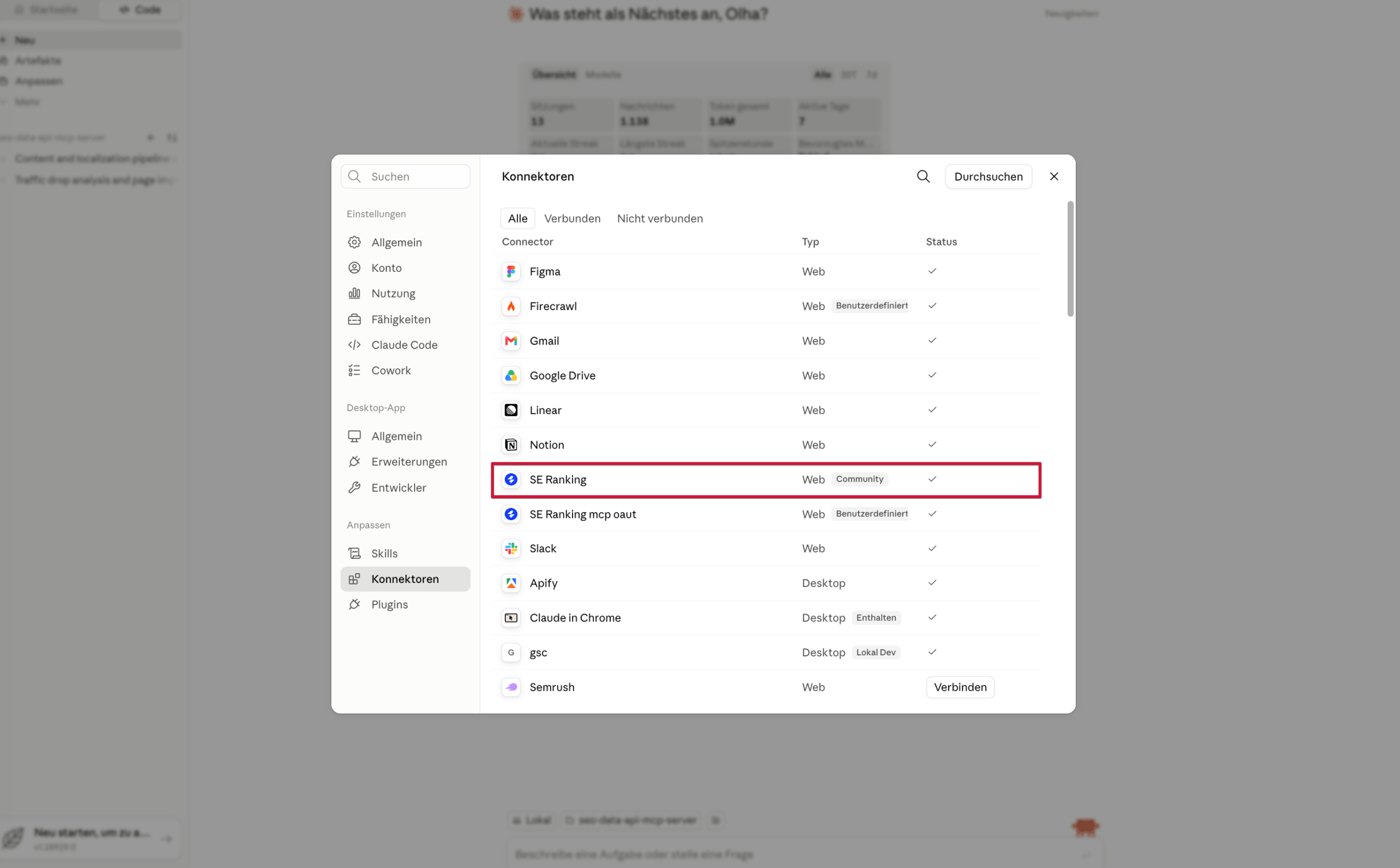 MCP-Connector von SE Ranking in Claude CP-Integration von SE Ranking in Claude
