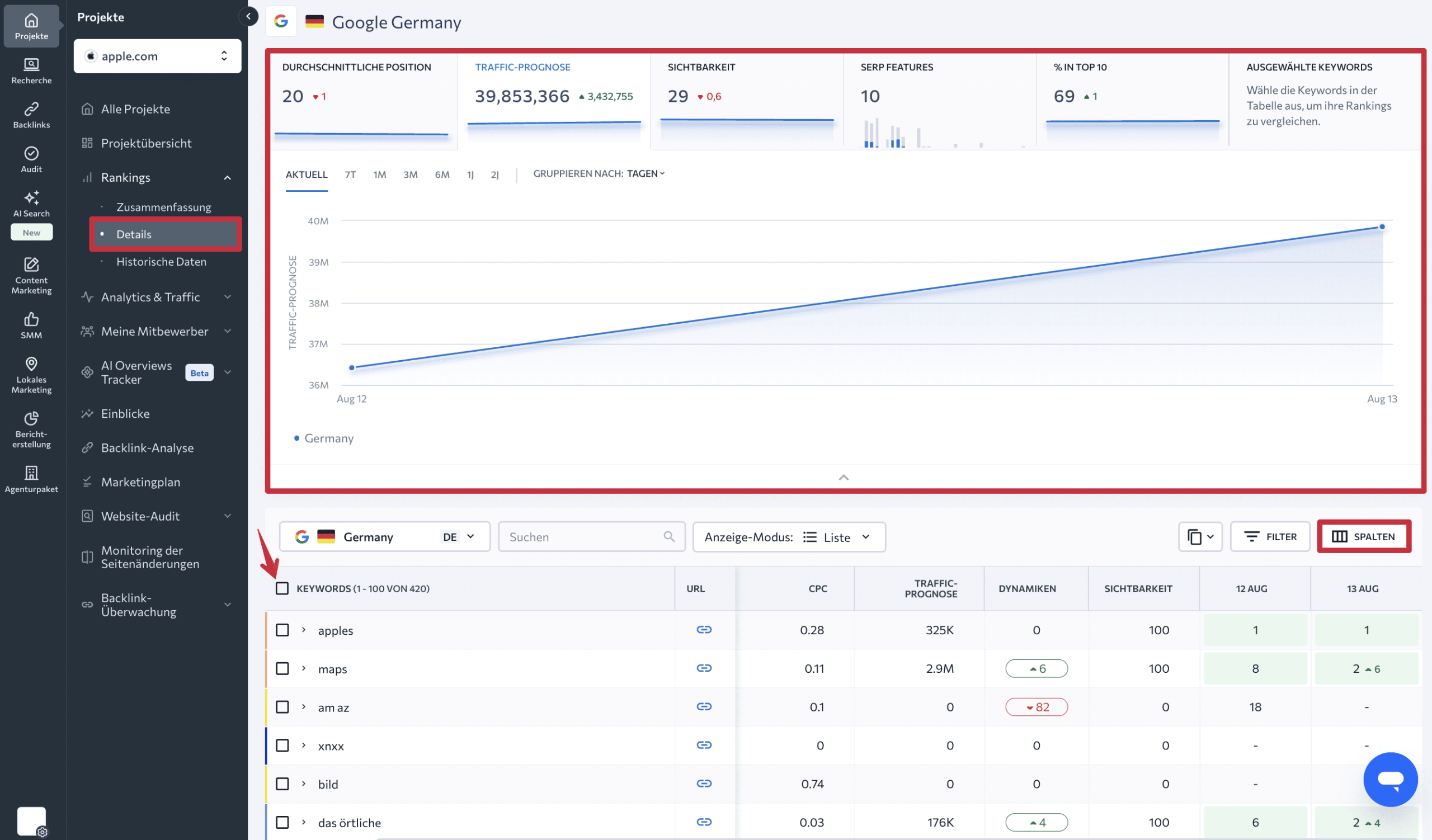 Detaillierter Bericht im Rank-Tracker