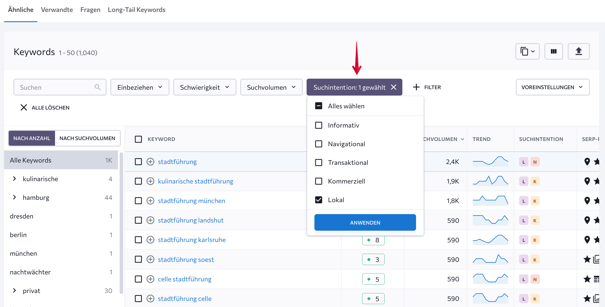 Keywords nach Suchintention in SE Ranking filtern