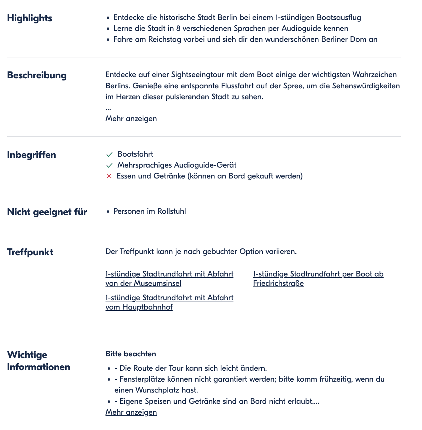 Datentabellen auf GetYourGuide