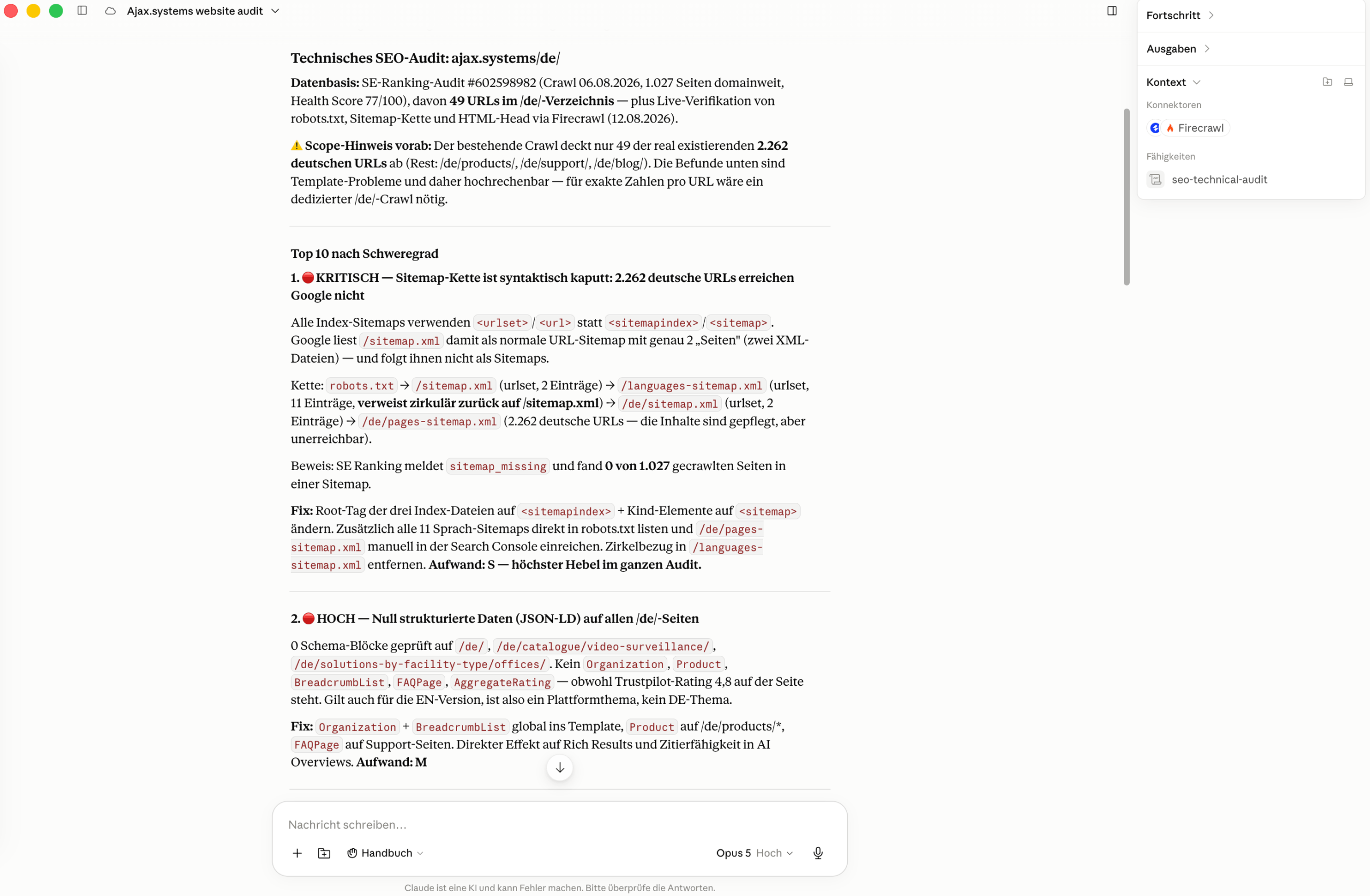 Ergebnisse des technischen Audits von SE Ranking in Claude Technisches Audit von SE Ranking in Claude