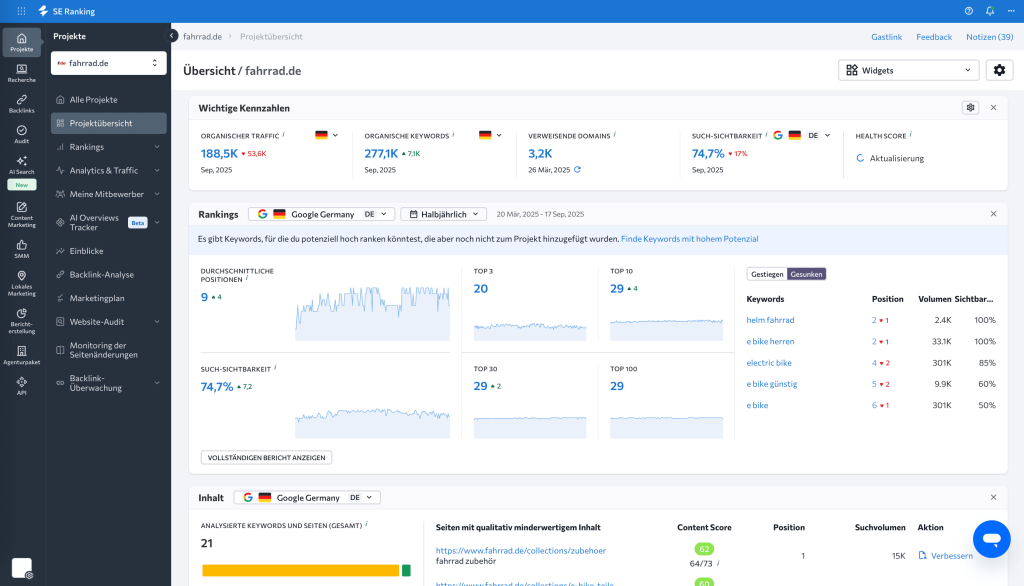 Schnittstelle von SE Ranking SE Ranking-Schnittstelle