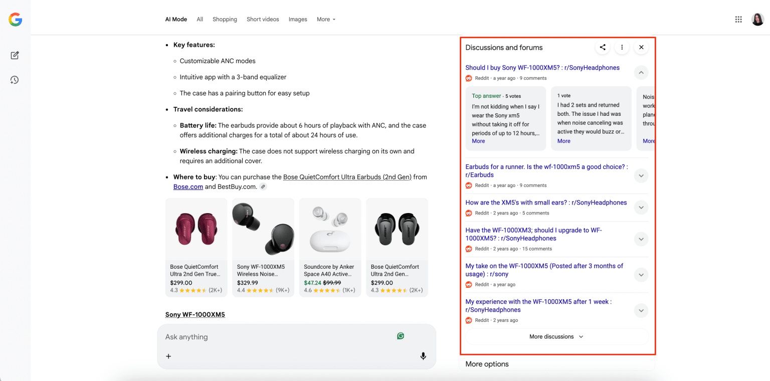 Reddit in AI Mode Shopping-Ergebnissen