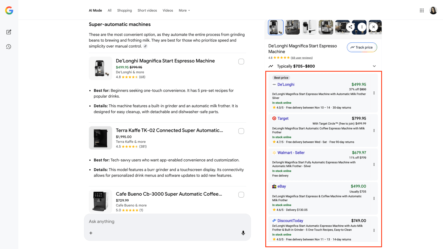 Verkäufer in AI Mode Shopping-Ergebnissen