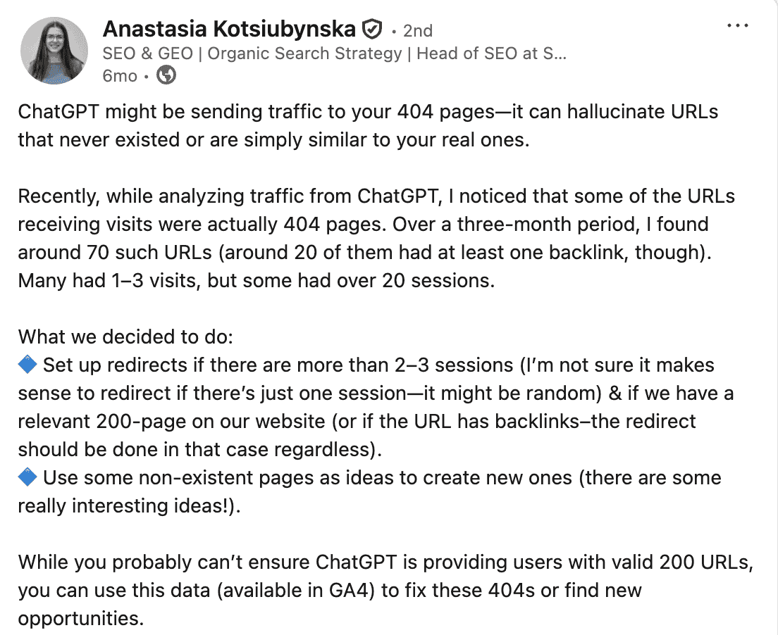 Anastasia Kotsiubynska über fehlerhafte Links in ChatGPT Anastasia Kotsiubynska über halluzinierte URLs in ChatGPT