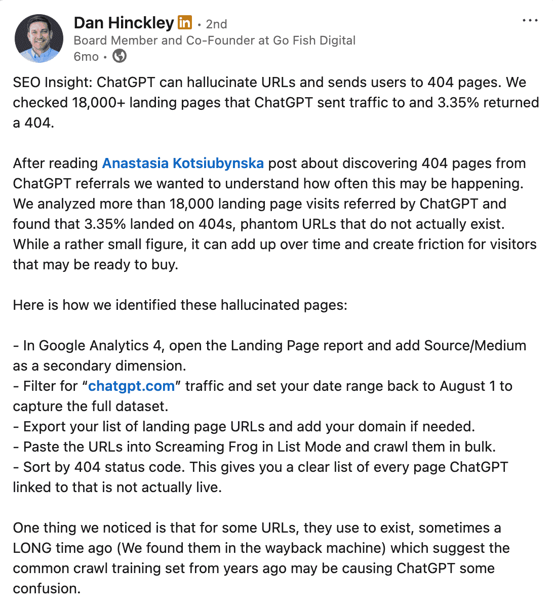 Dan Hinckley über fehlerhafte Links in ChatGPT Dan Hinckley über halluzinierte URLs in ChatGPT