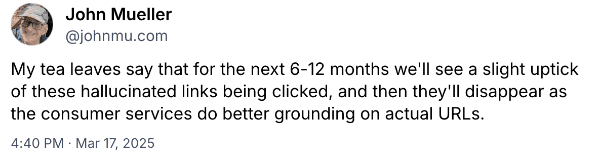 John Mueller über fehlerhafte Links in der KI-Suche John Mueller über halluzinierte URLs in der KI-Suche