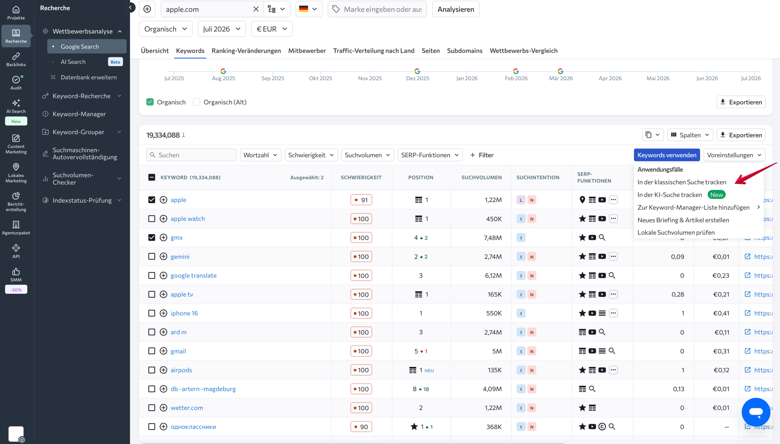 Keywords zum Projekt hinzufügen Keywords zum SE Ranking Projekt hinzufügen