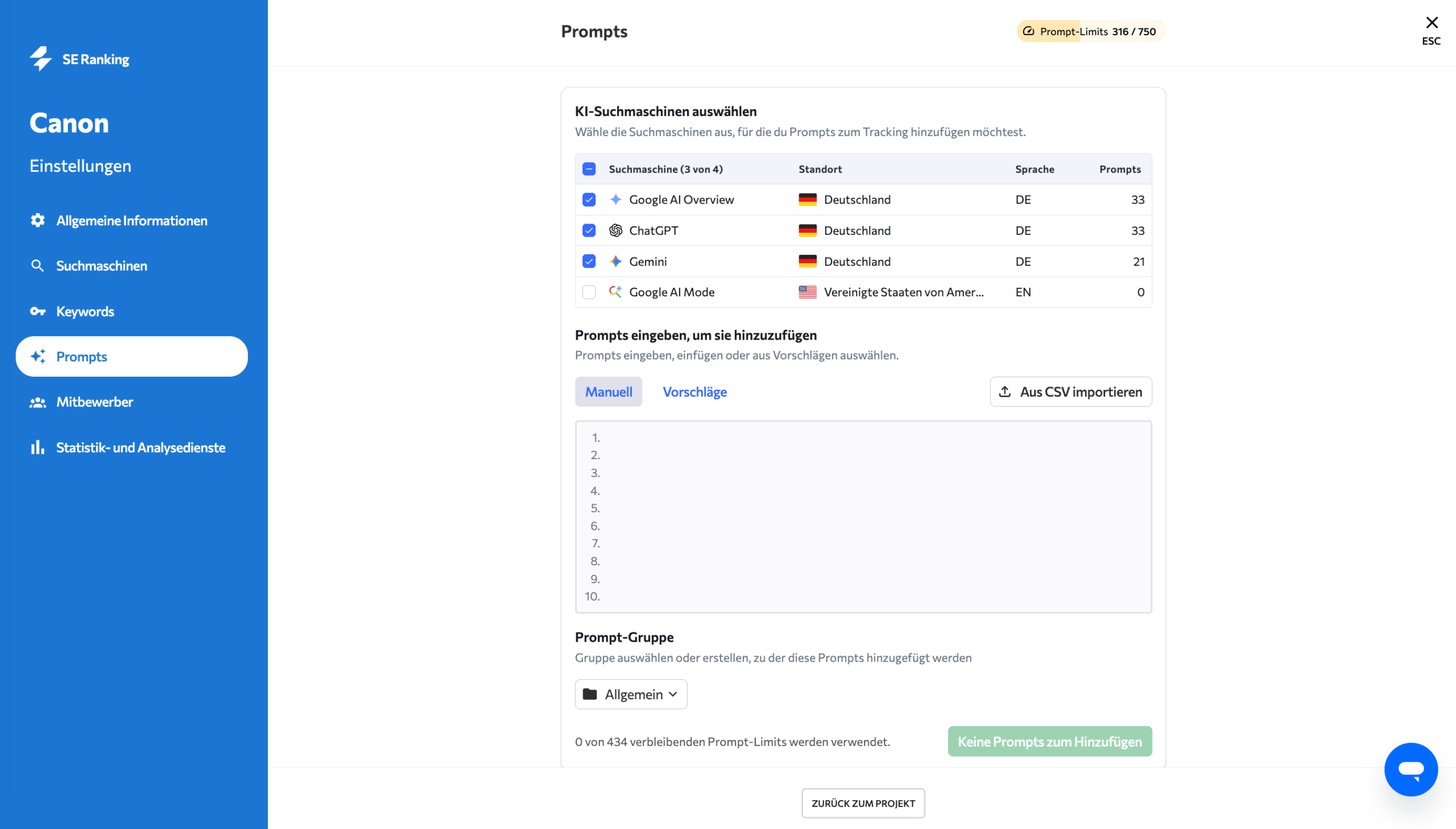 Tracking einrichten im AI Overviews Tracker Prompts hinzufügen