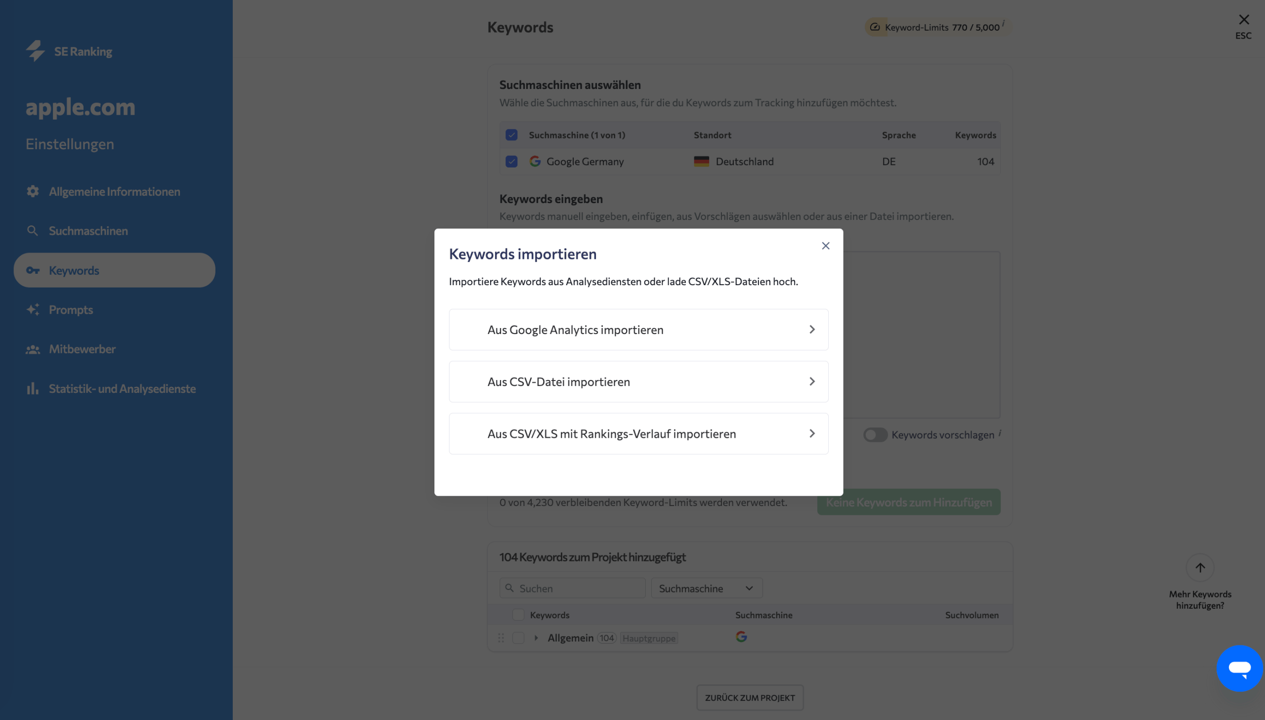 Keywords ins Projekt importieren Keywords zum SE Ranking Projekt importieren