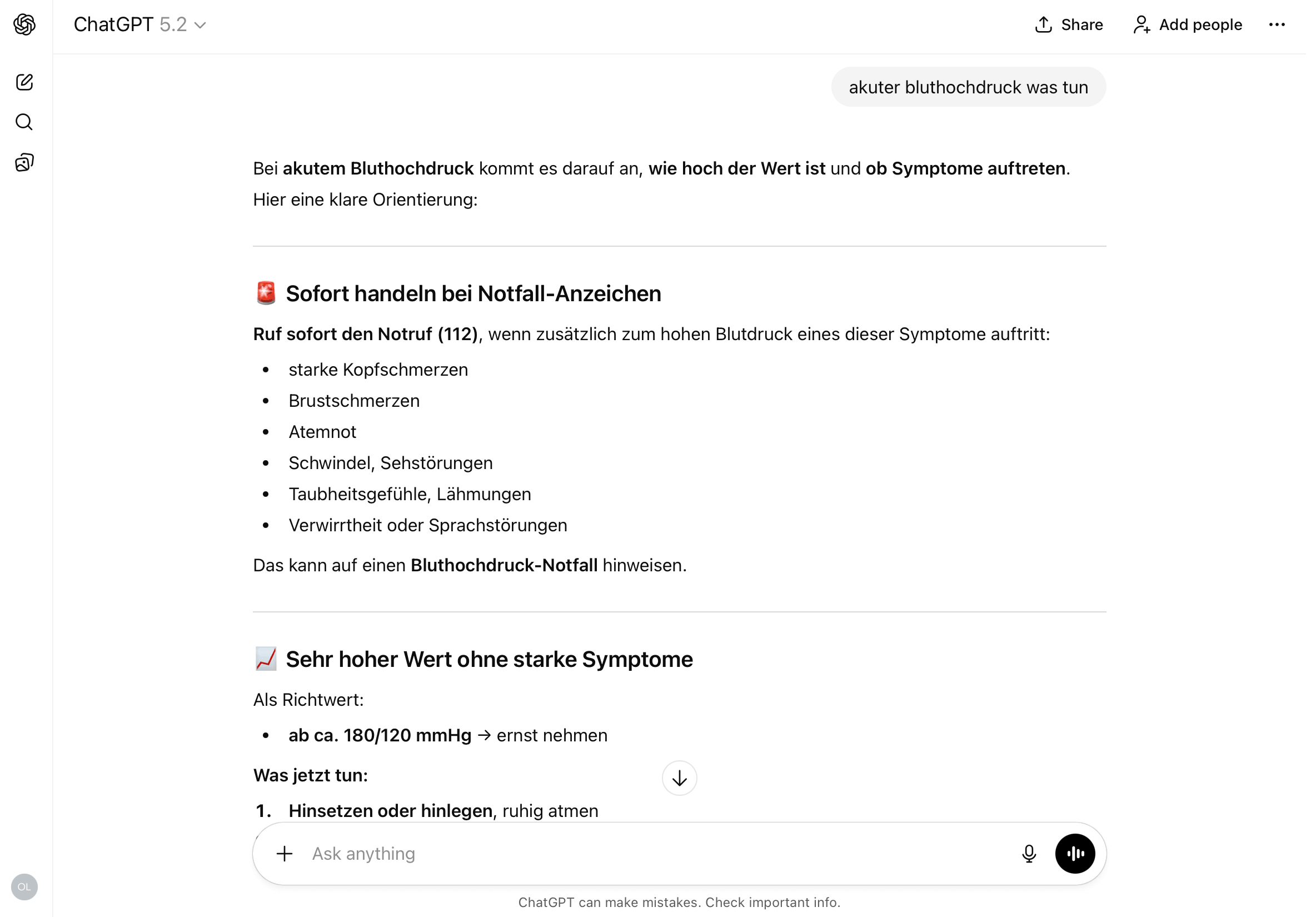 Gesundheitsfrage zu akutem Bluthochdruck bei ChatGPT Frage „akuter Bluthochdruck – was tun?“ bei ChatGPT