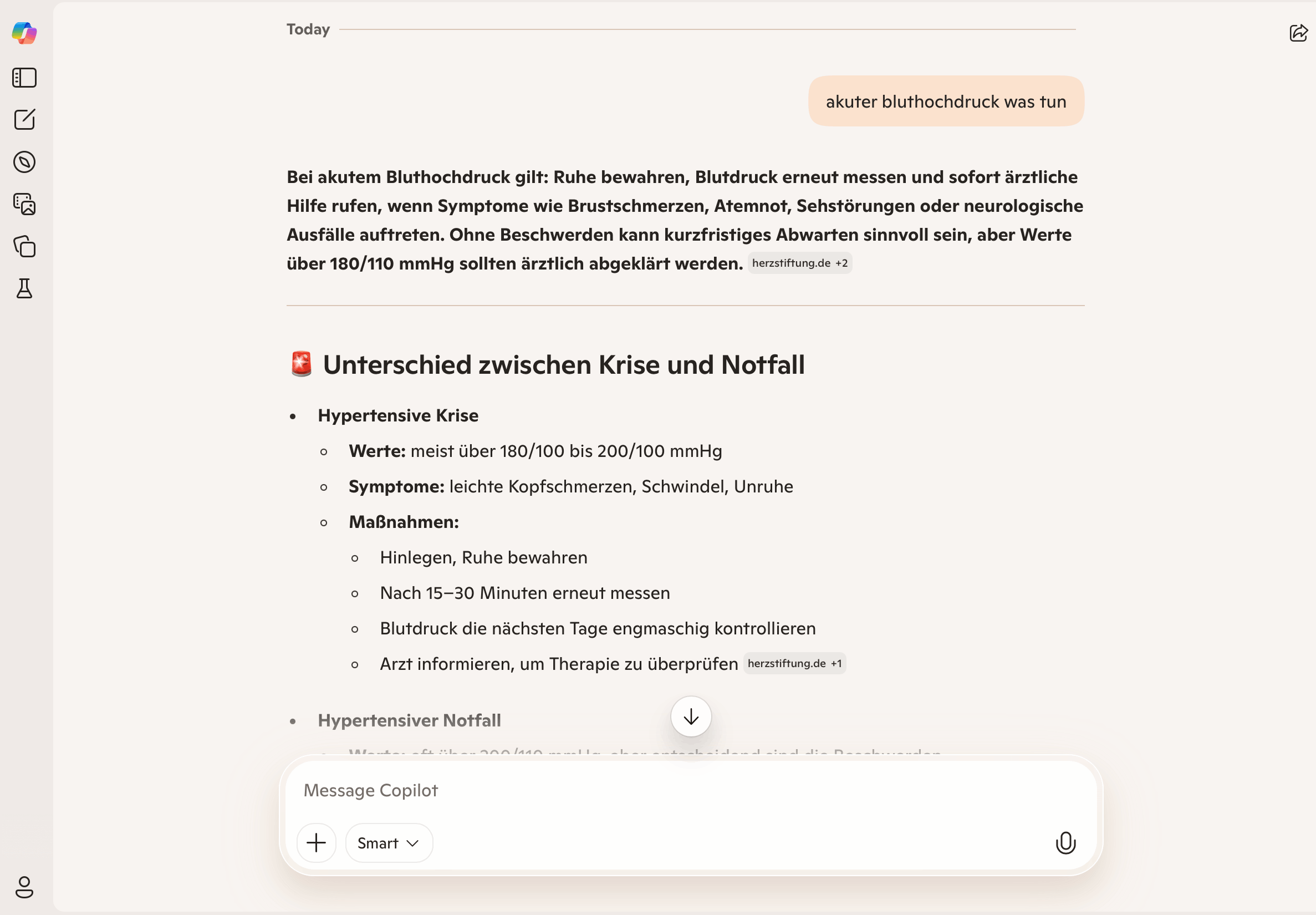 Gesundheitsfrage zu akutem Bluthochdruck bei Copilot Frage „akuter Bluthochdruck – was tun?“ bei Copilot