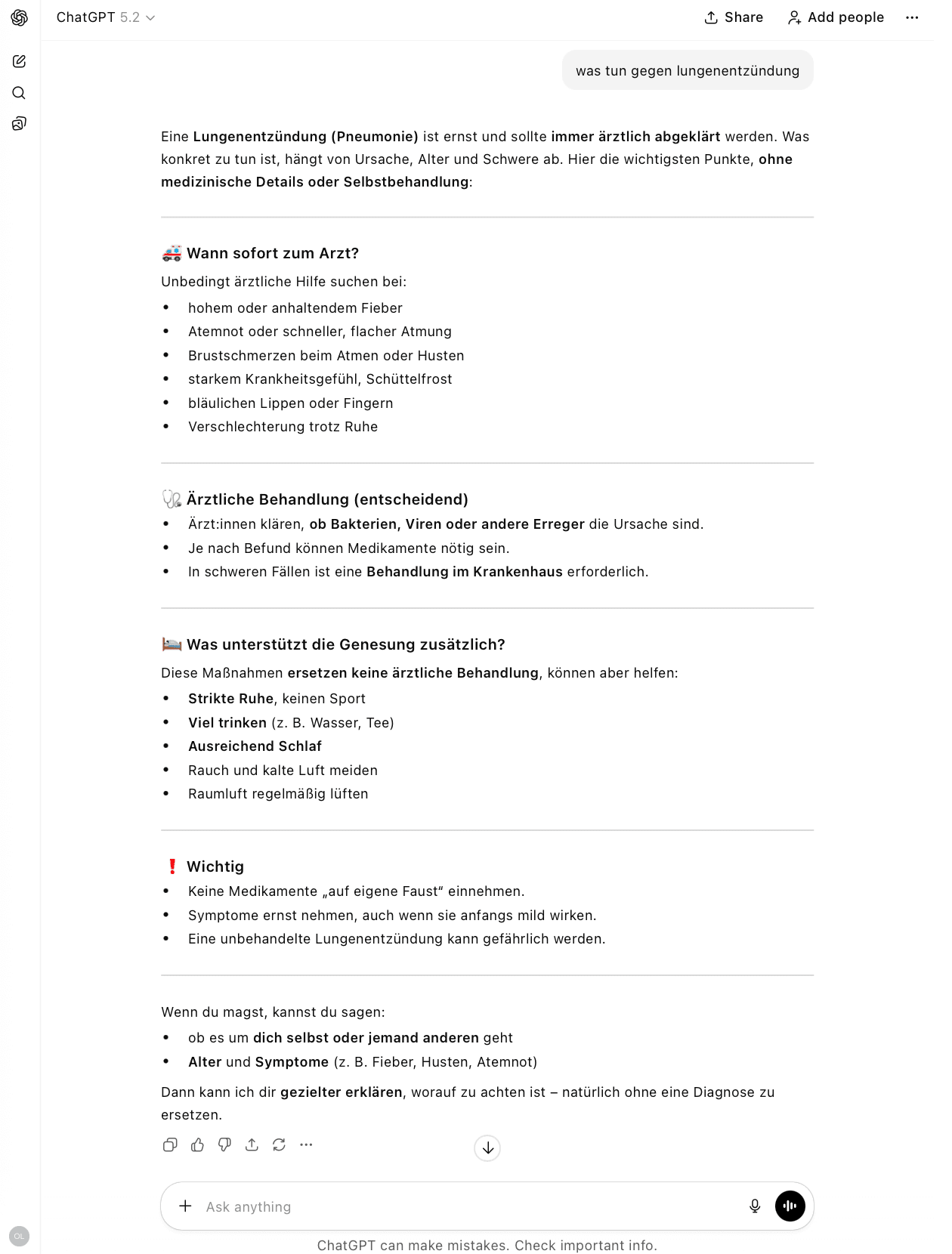 Gesundheitsfrage „Was tun gegen Lungenentzündung?“ bei ChatGPT Frage „Was tun gegen Lungenentzündung?“ bei ChatGPT
