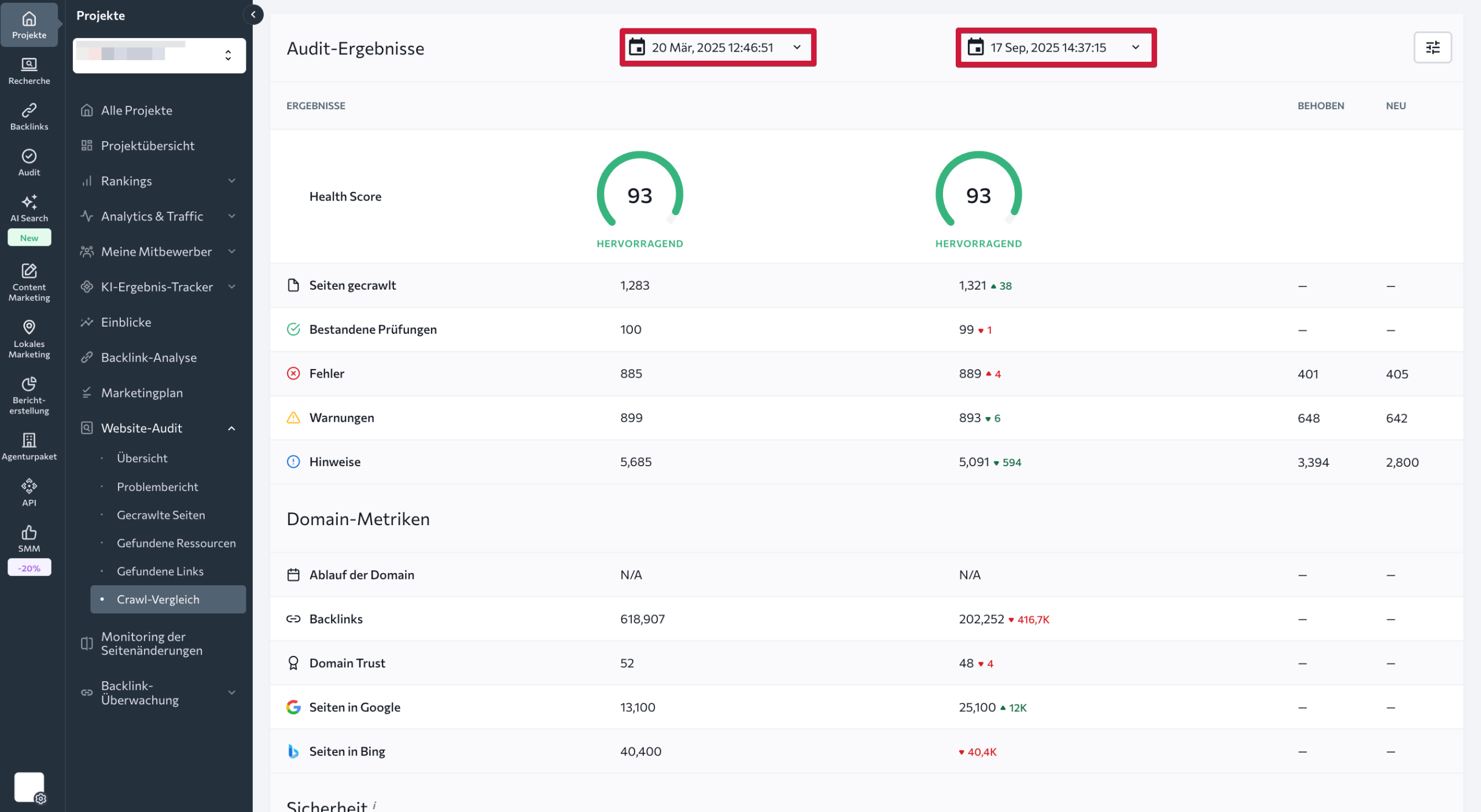 Mehrere Website Crawls in SE Ranking vergleichen Crawl Vergleich in SE Ranking
