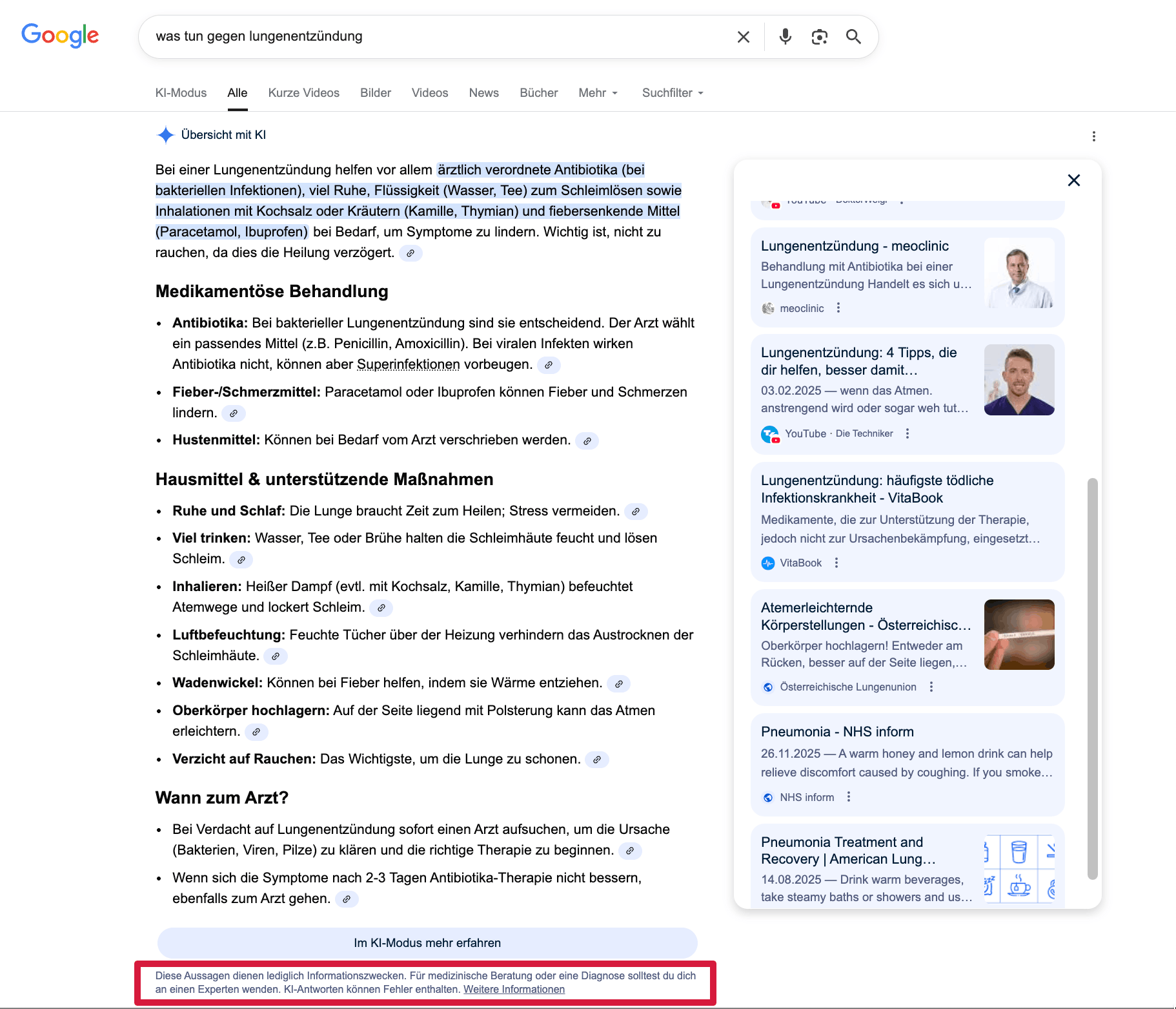 AI Overviews mit medizinischem Hinweis zur ärztlichen Abklärung AI Overviews mit Hinweis auf allgemeine Informationen und notwendige ärztliche Abklärung