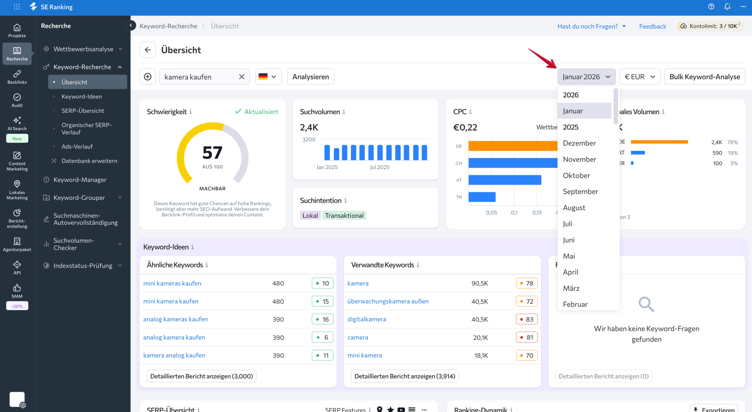 Historische Daten im Keyword-Recherche-Tool von SE Ranking Historische Daten im Keyword-Recherche-Tool