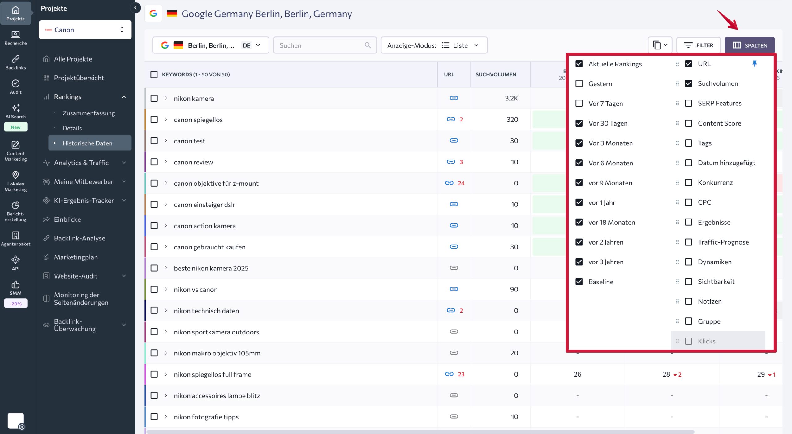 Historische Daten zu Website Keyword Rankings Tabelle mit historischen Daten in SE Ranking