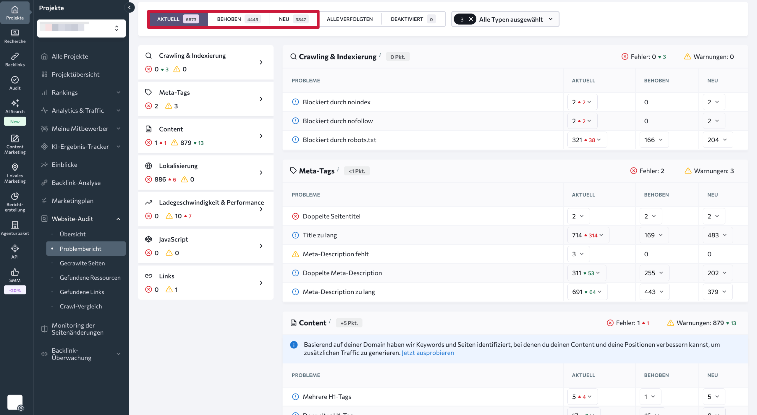 Technische SEO Probleme in SE Ranking Problembericht in SE Ranking