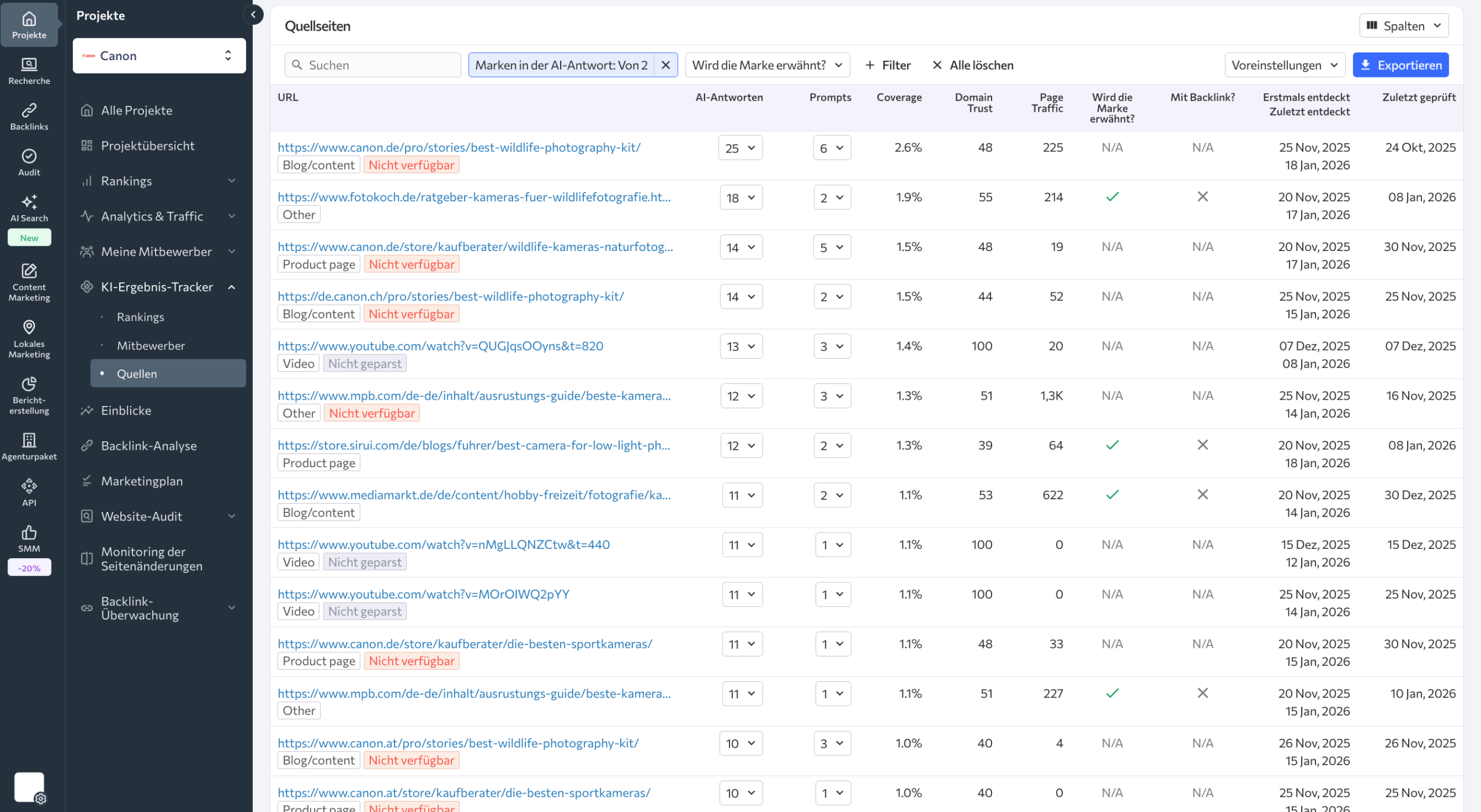 Verlauf der von KI Engines zitierten Quellen für deine Prompts anzeigen Tabelle der von KI zitierten Quellen für deine Prompts