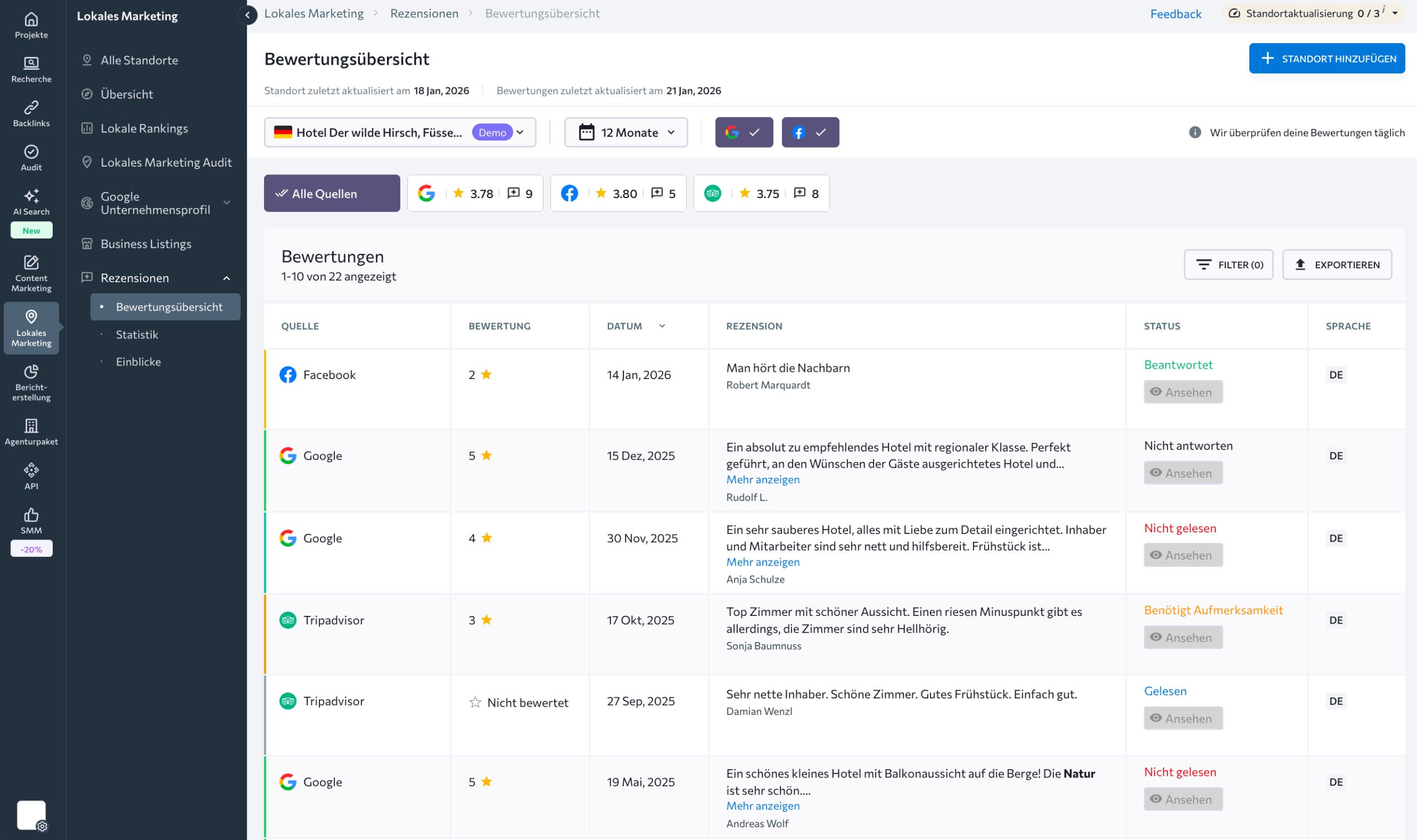 Review Management im Local SEO Tool von SE Ranking Review Management im Local Marketing Tool