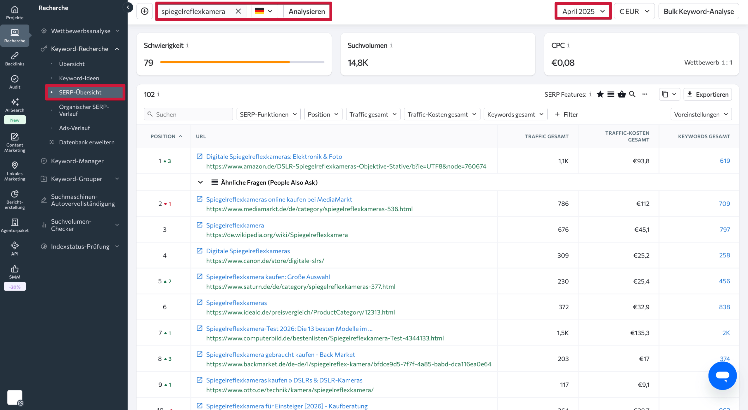 Historische Daten zu organischen Suchergebnissen in SE Ranking anzeigen SERP Übersicht in SE Ranking