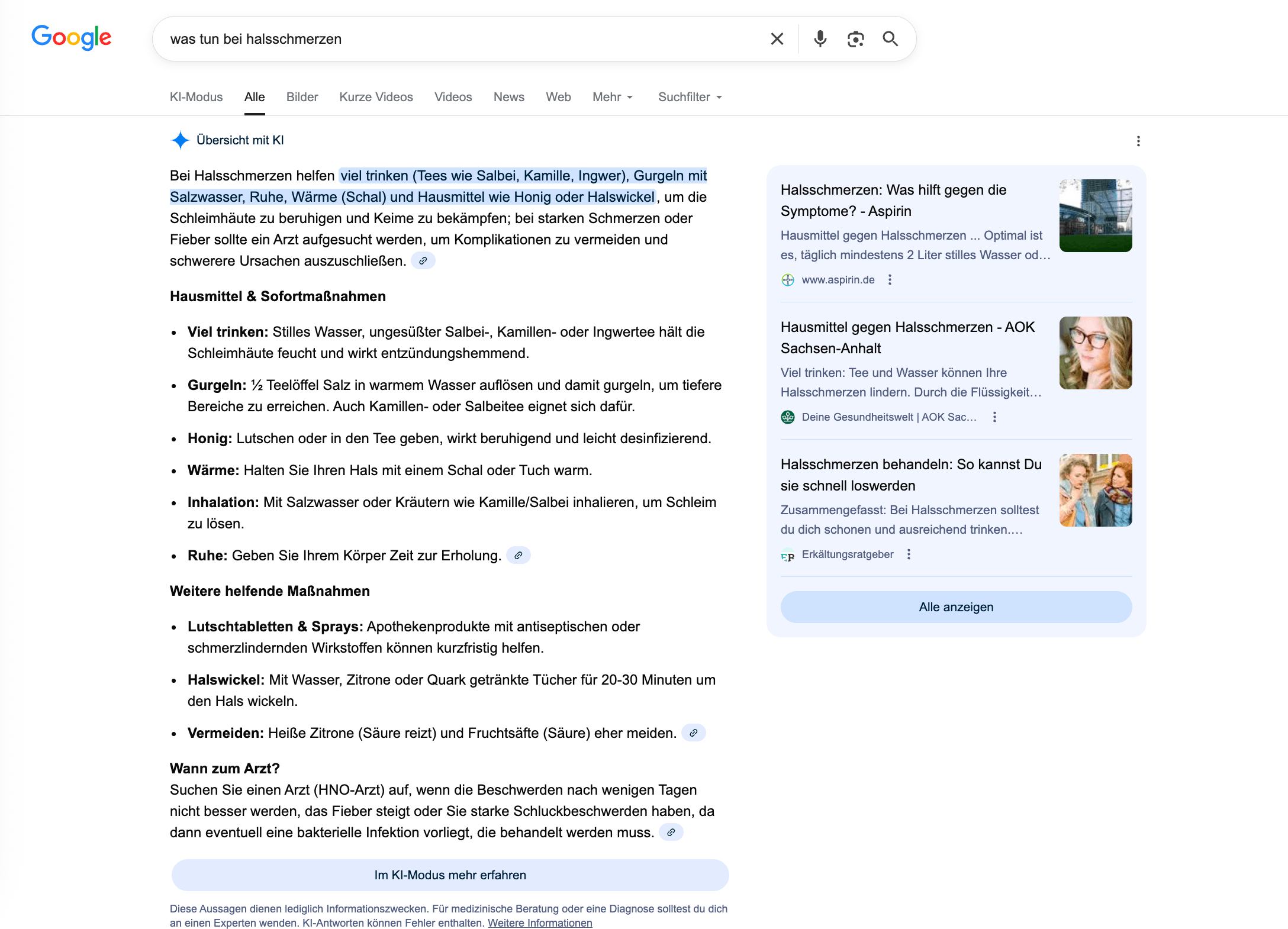 2. Anfrage „was tun bei Halsschmerzen“ in der Google Suche 2. Anfrage „was tun bei Halsschmerzen“ in Google