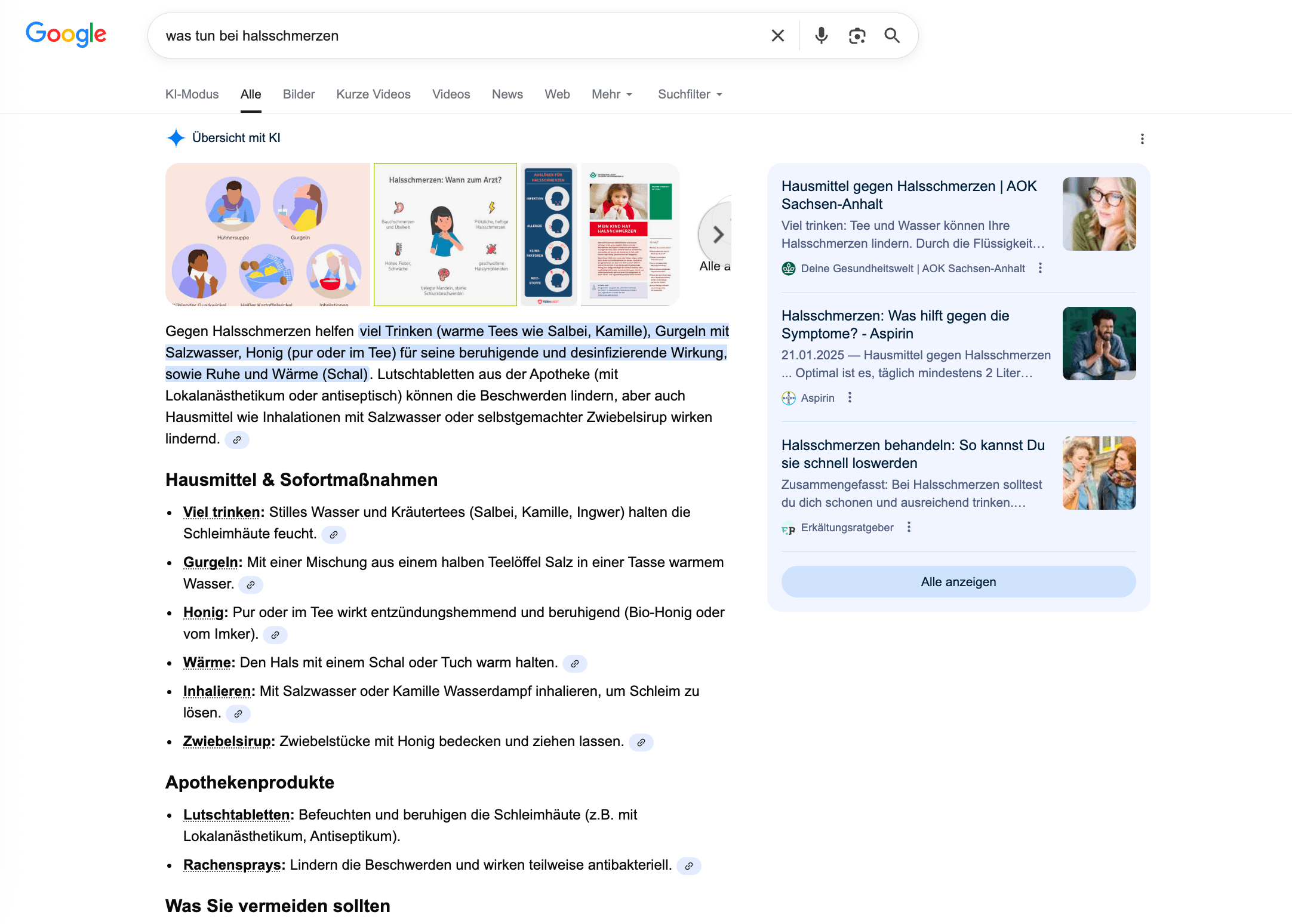 Anfrage „was tun bei Halsschmerzen“ in der Google Suche Anfrage „was tun bei Halsschmerzen“ in Google
