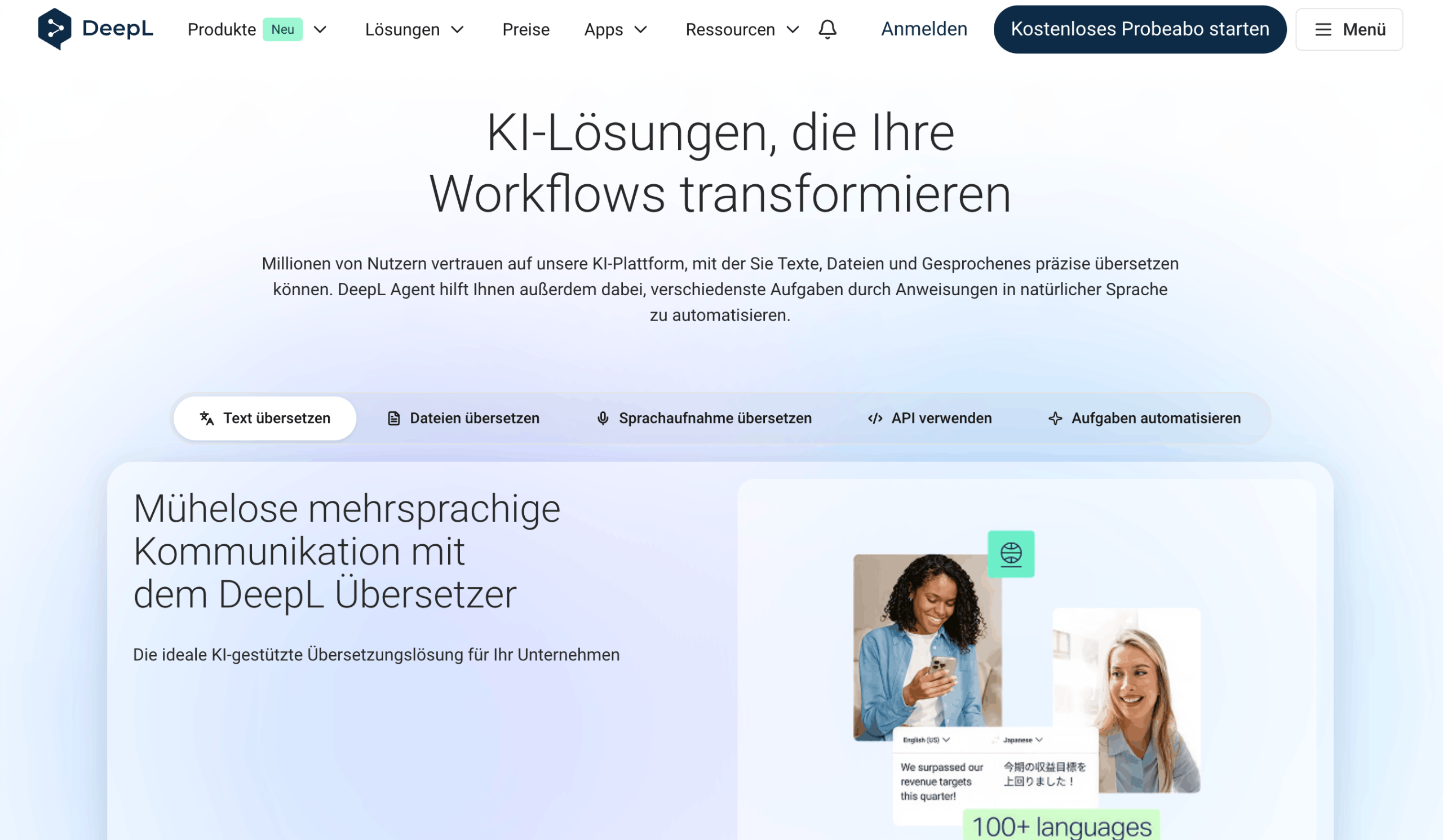 Hauptseite von DeepL Startseite von DeepL
