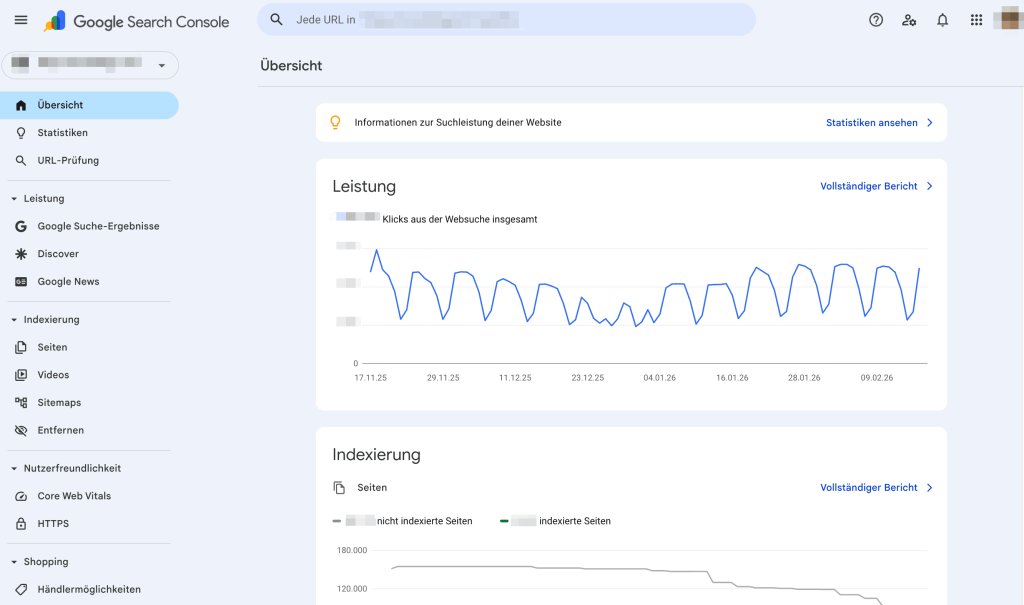 GSC-Übersichtsseite mit Klick- und Indexierungs-Zusammenfassung Google Search Console mit Klick- und Indexierungs-Zusammenfassung