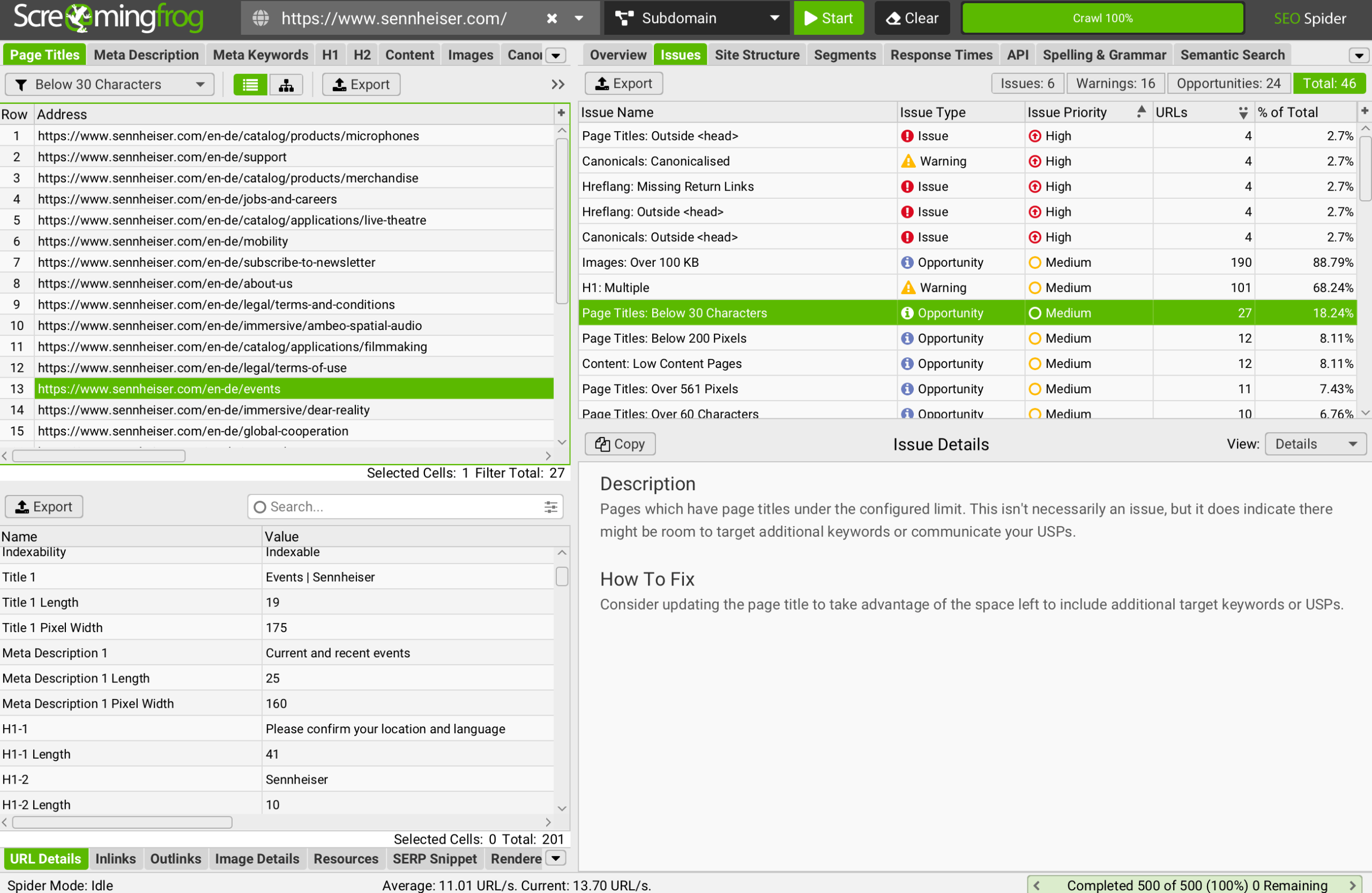 Issues-Tab mit priorisierten SEO-Fehlern Screaming Frog Issues-Tab