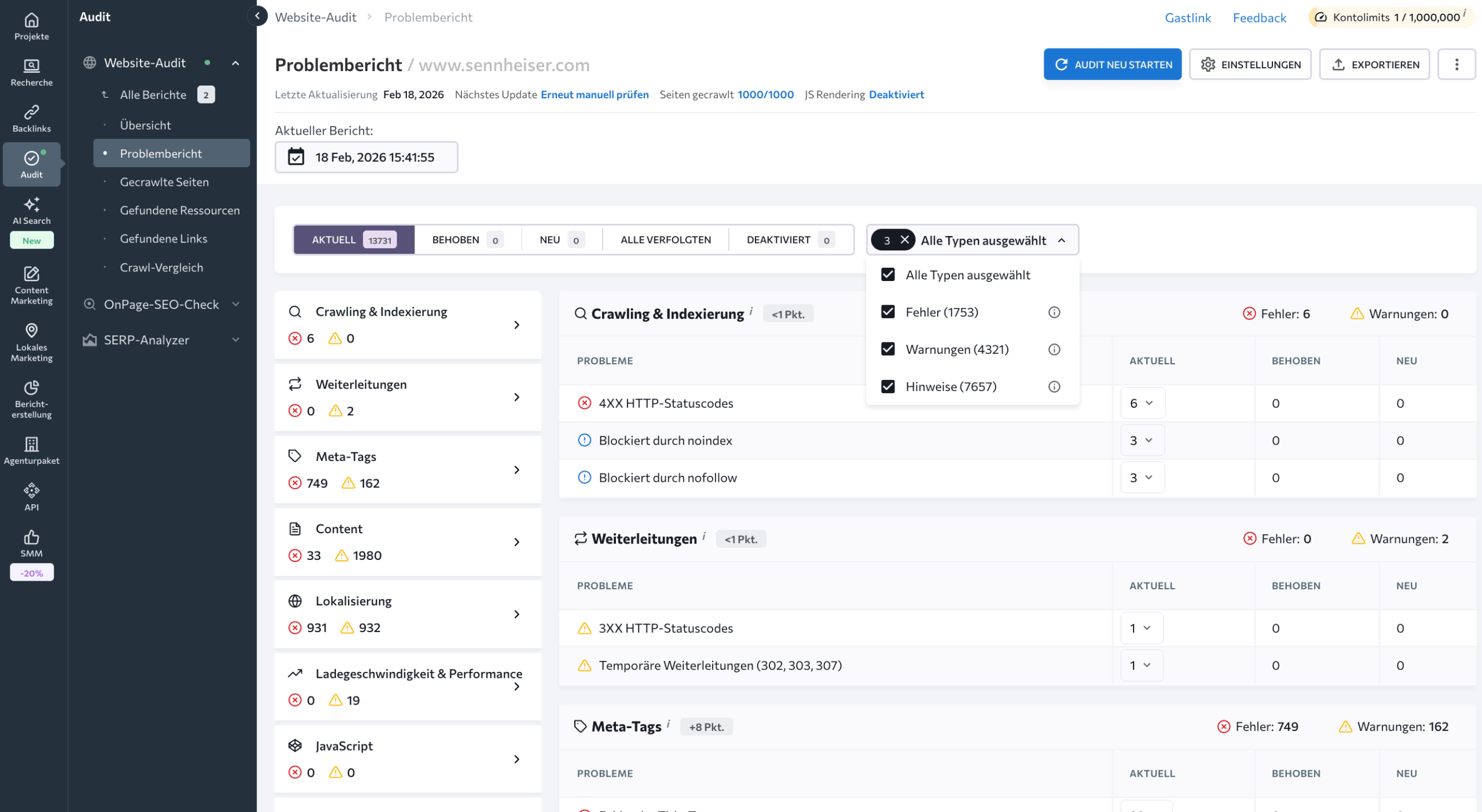 Detailansicht der Fehler-Priorisierung nach Kategorien bei SE Ranking Fehler-Priorisierung nach Kategorien bei SE Ranking