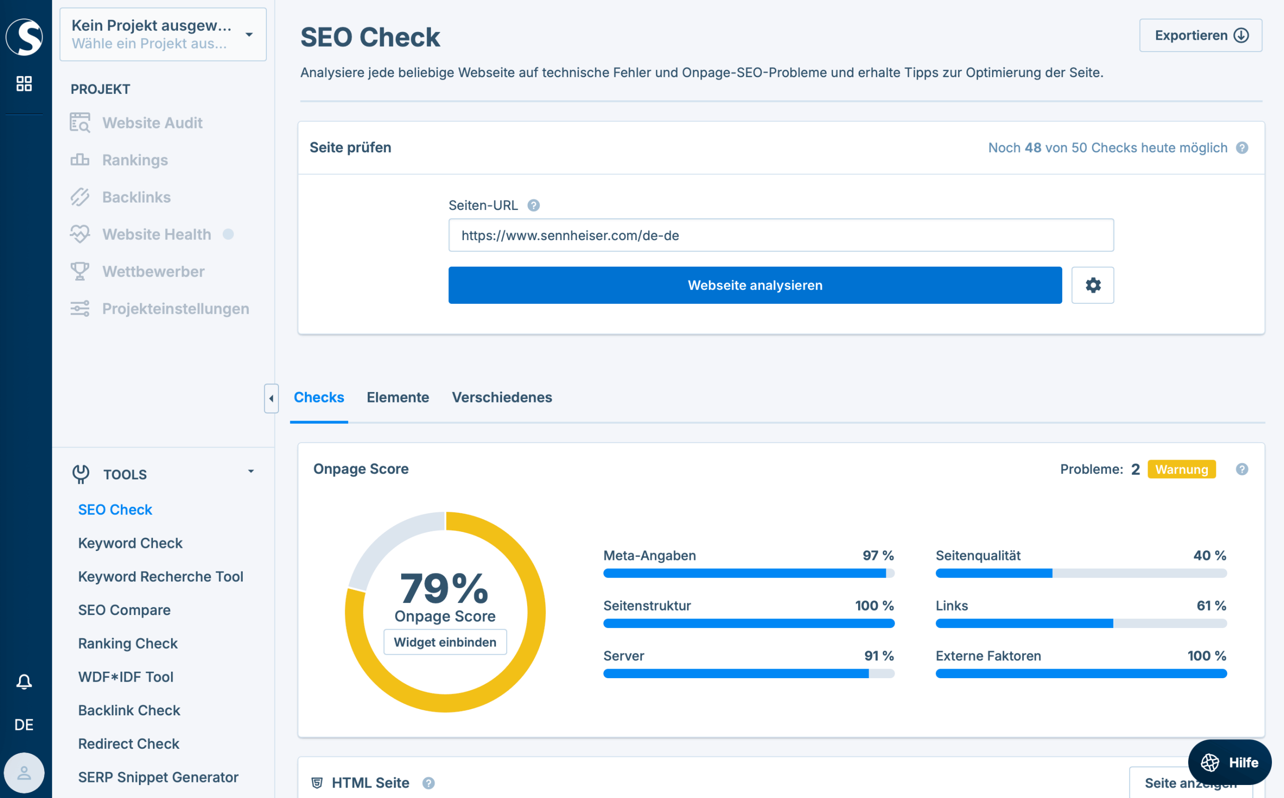 Seobility Dashboard mit SEO-Score und Unterteilung nach Technik, Struktur und Inhalt Seobility Dashboard mit SEO-Score