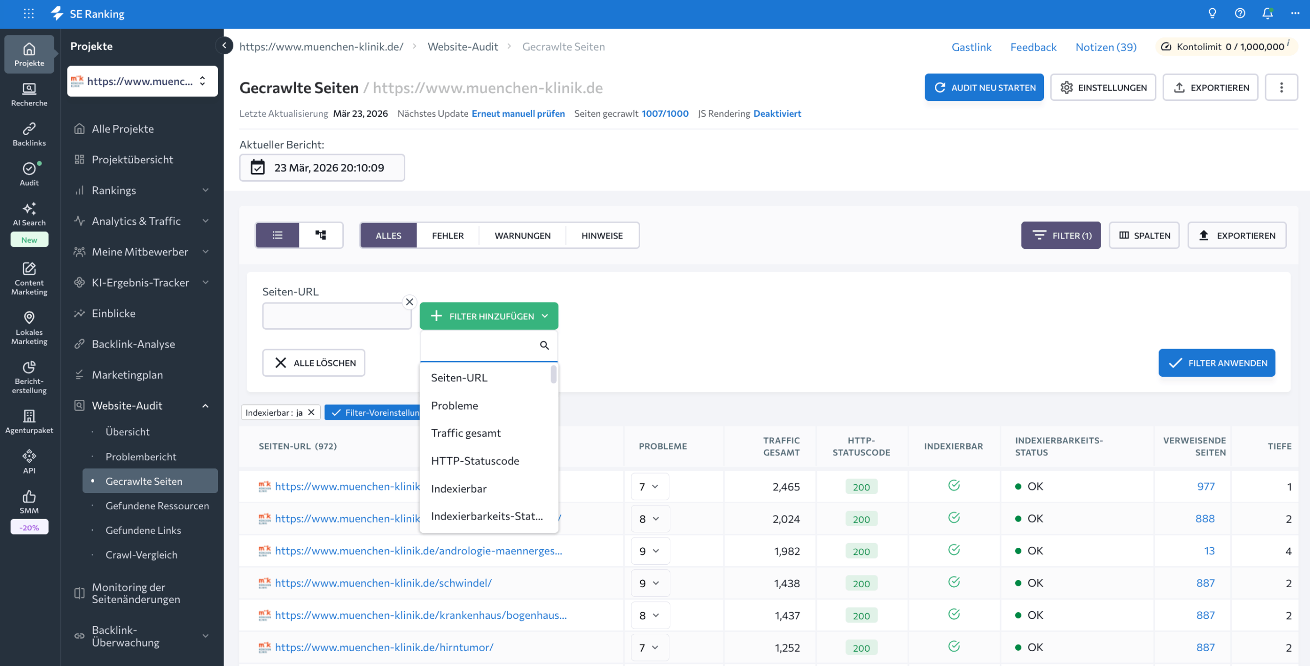 SE Ranking Filterliste gecrawlter Seiten SE Ranking Filterung gecrawlter Seiten
