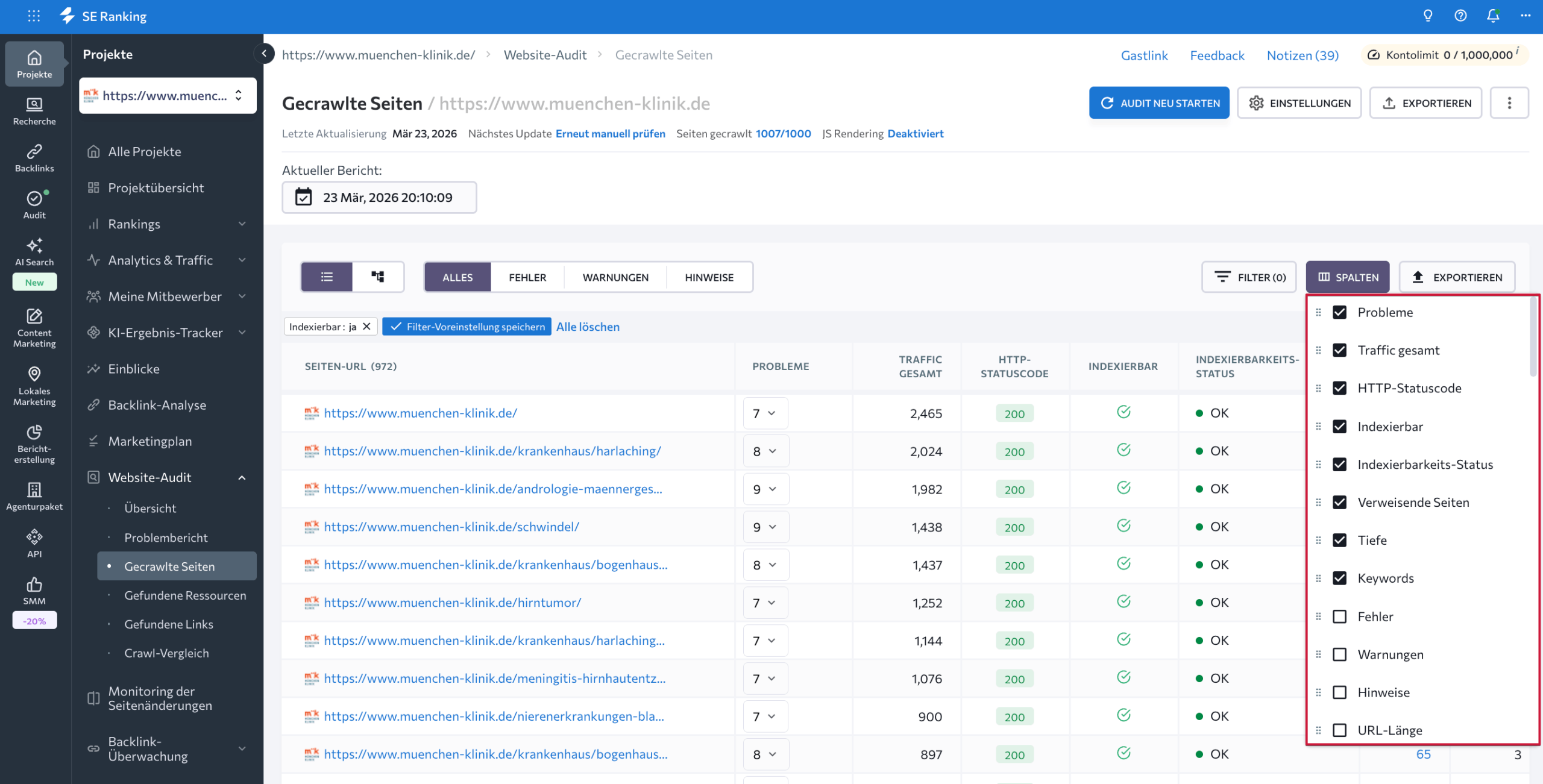 SE Ranking Daten gecrawlter Seiten SE Ranking Tabelle gecrawlter Seiten