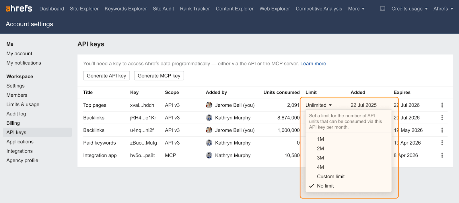 Ahrefs API-Keys und Unit-Limits im Account-Dashboard Ahrefs Account-Einstellungen: API-Keys-Verwaltung