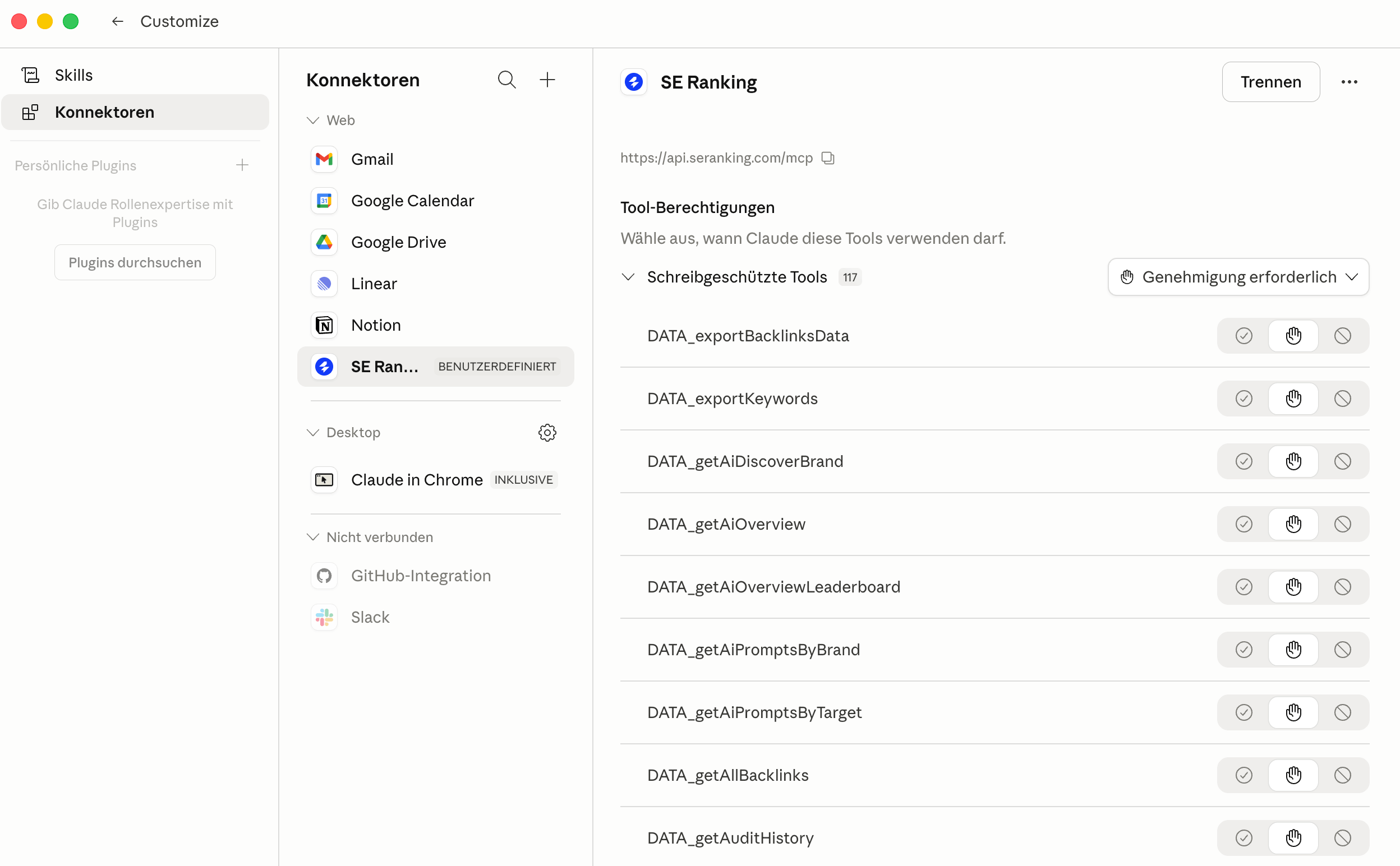 SE Ranking zu Claude Connectors hinzufügen Claude Connectors