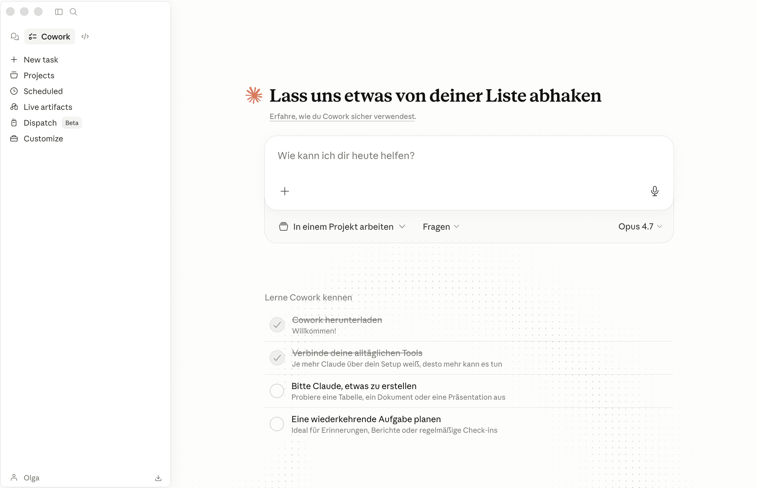 Claude Cowork-Oberfläche Claude Cowork