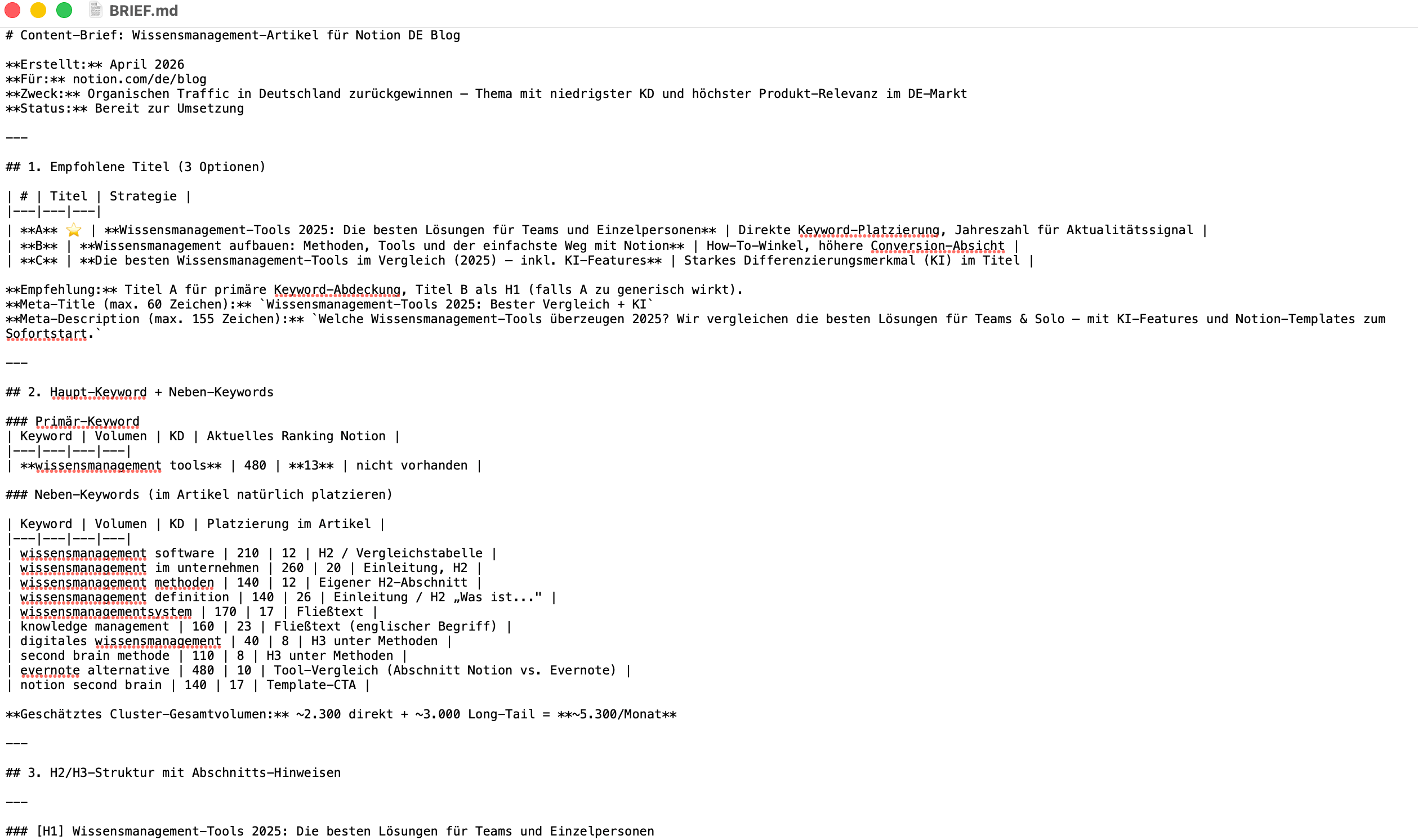 Das Brief, das Claude Code auf Basis der SE Ranking-Daten erstellt hat Claude Content-Brief
