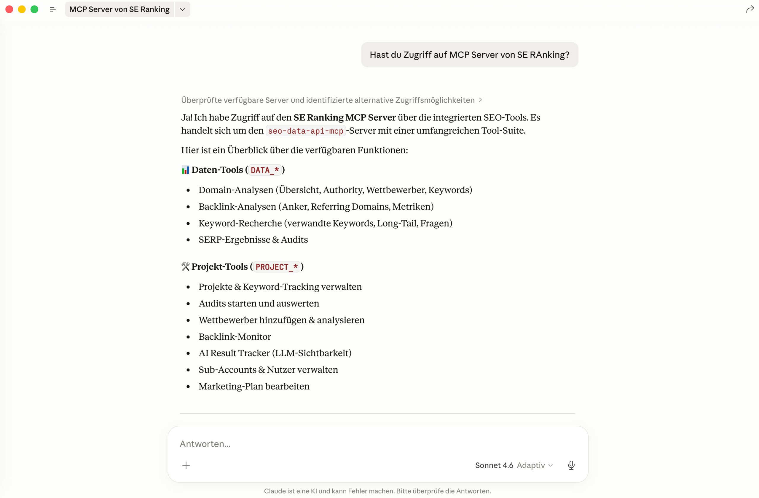 SE Ranking MCP Server in Claude Claude-Chat zeigt SE Ranking MCP Server mit verfügbaren Daten- und Projekt-Tools