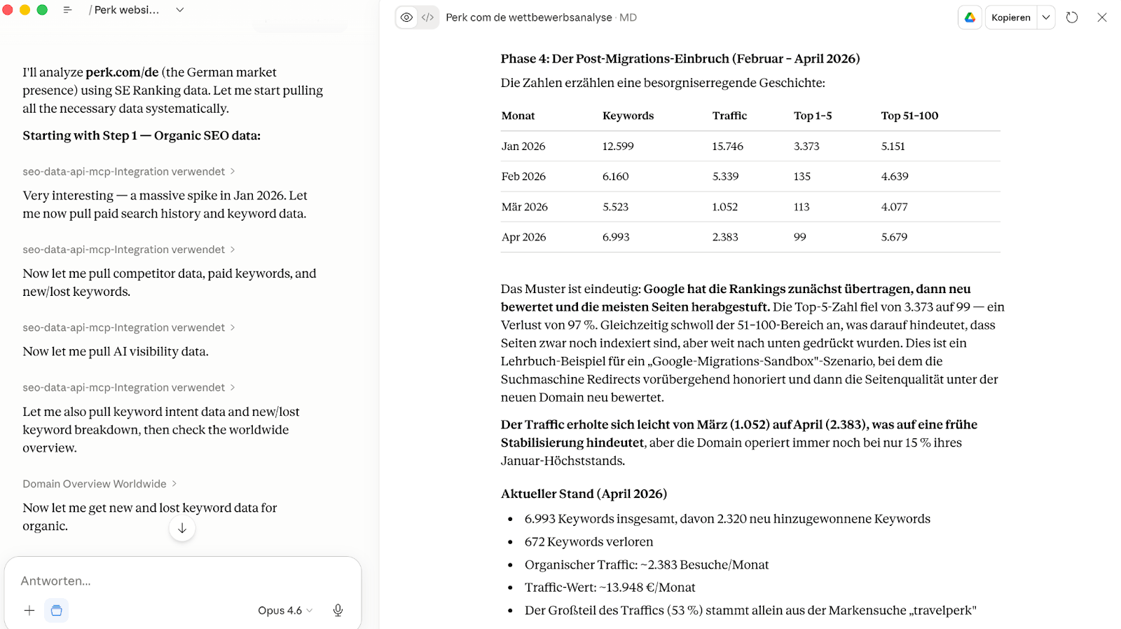 Screenshot aus Claude, der einen kleinen Teil der Analyse zeigt Screenshot der Claude-Oberfläche mit einem Ausschnitt einer Analyse
