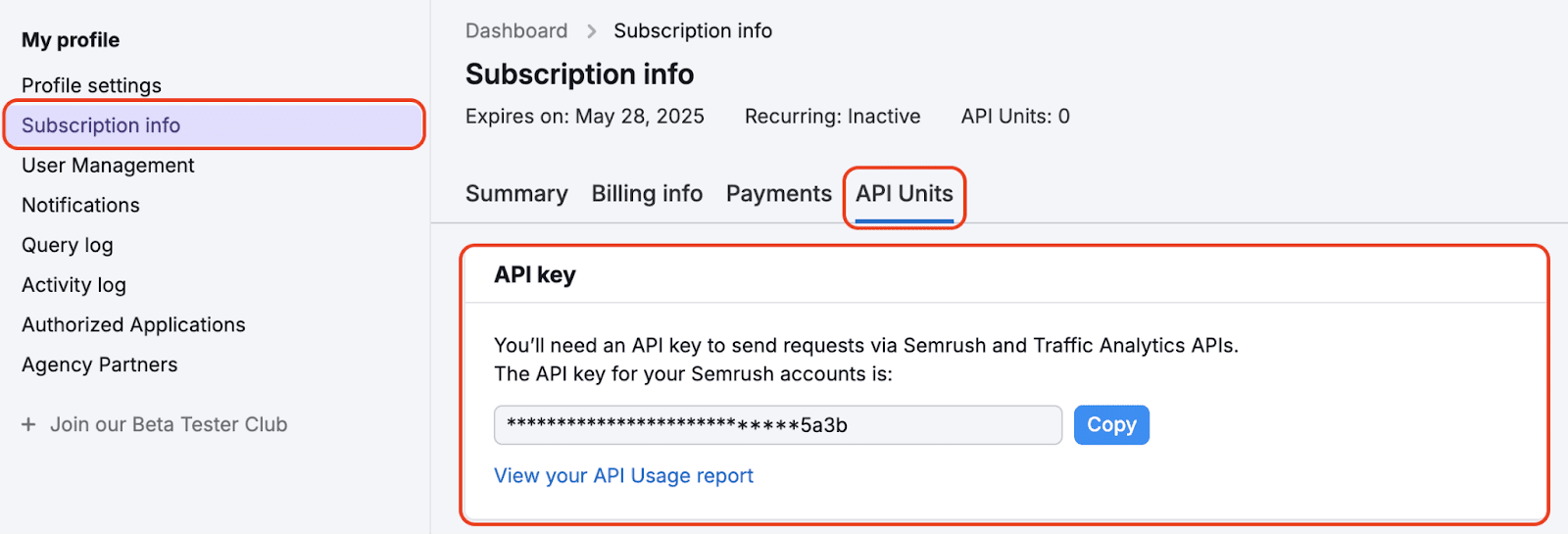 Semrush API-Key in den Account-Einstellungen Semrush Account-Einstellungen