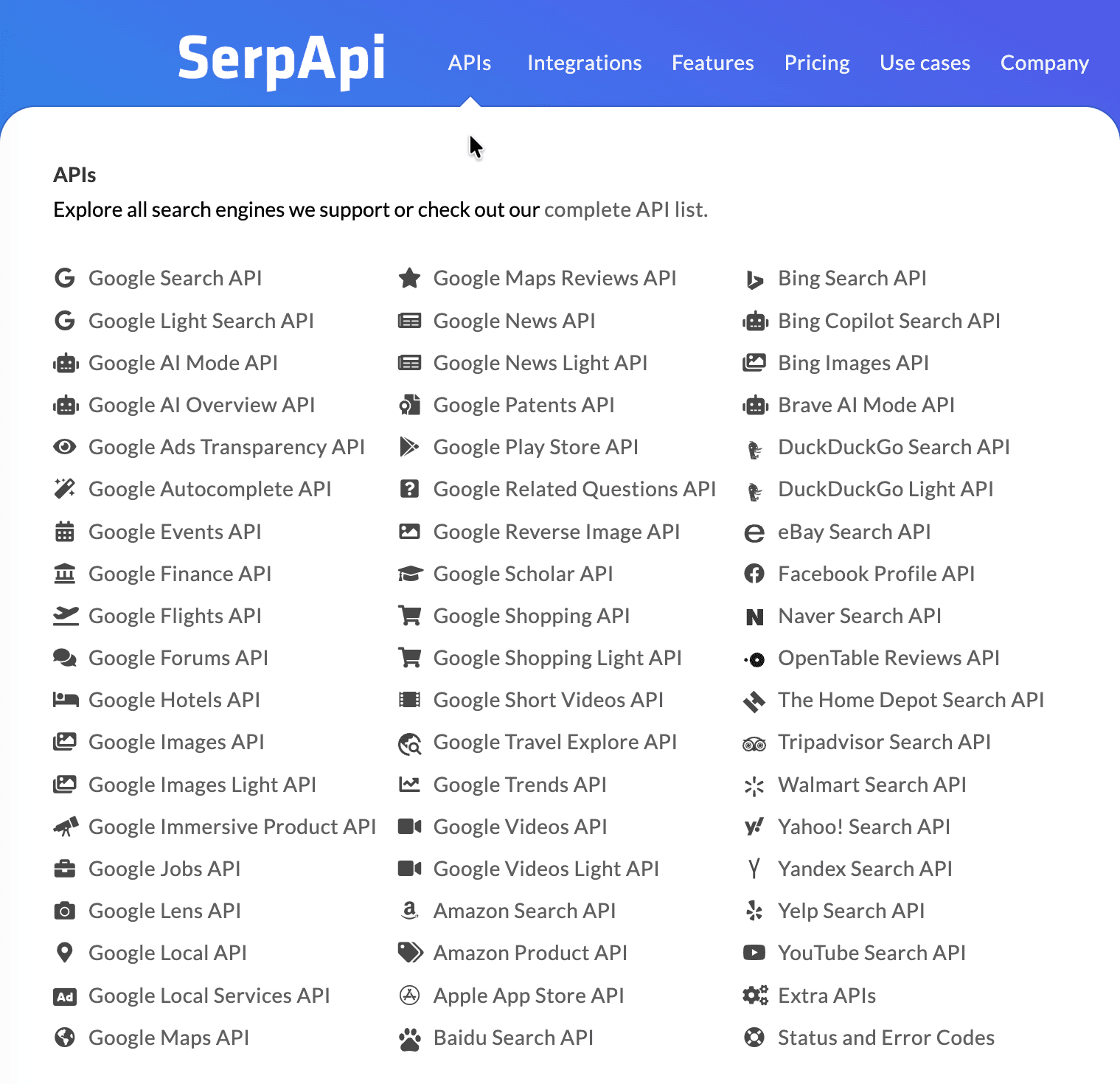 SerpAPI: Vollständige Liste aller verfügbaren APIs SerpAPI Endpunkt-Übersicht