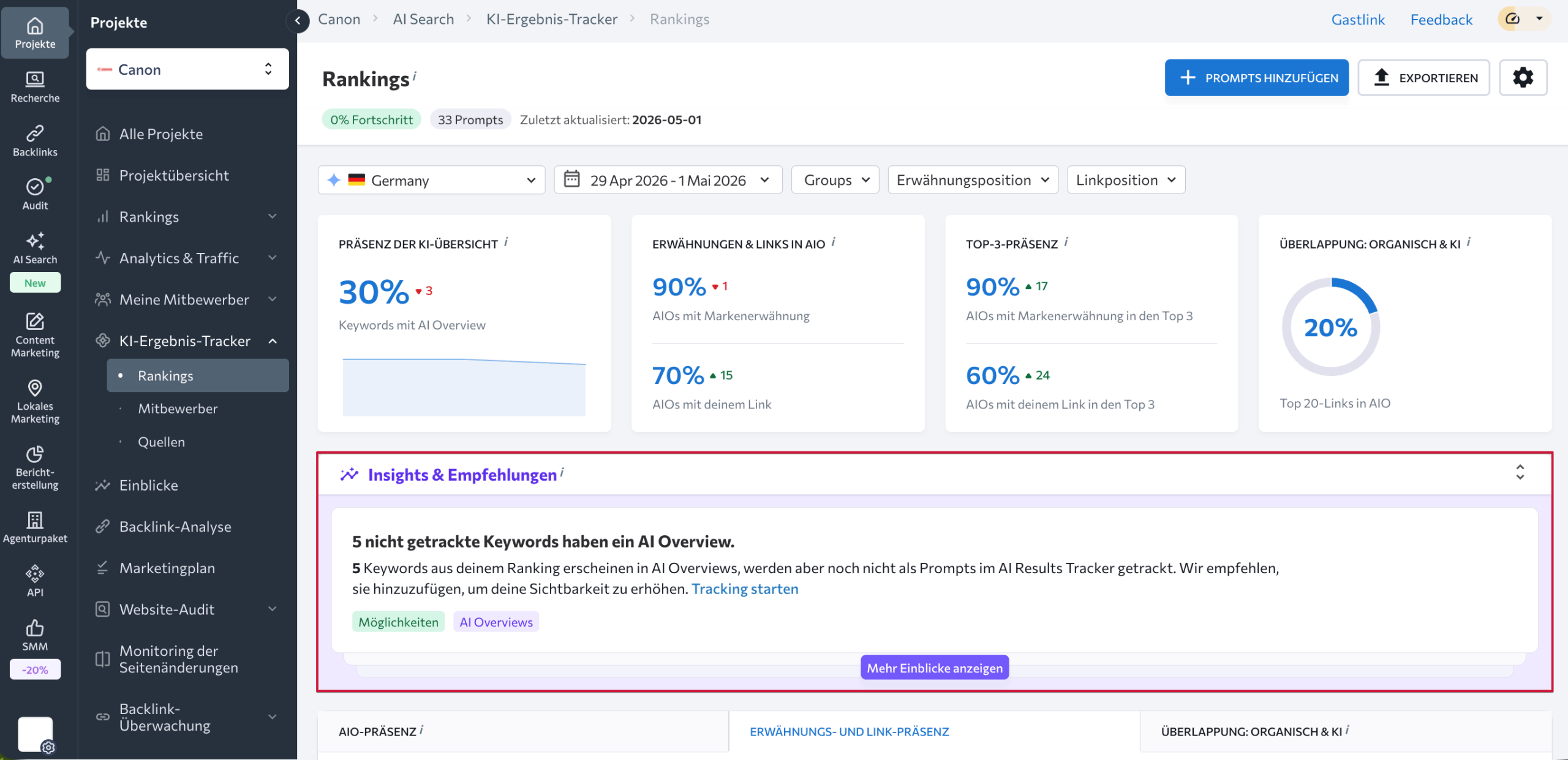 Prompt-Empfehlungen im KI-Ergebnis-Tracker von SE Ranking erhalten Prompt-Empfehlungen im AI Results Tracker von SE Ranking erhalten