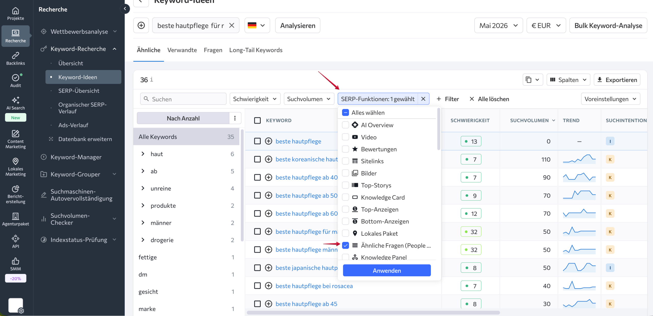 Suchanfragen, die das PAA-SERP-Feature auslösen, mit dem Keyword-Recherche-Tool filtern Suchanfragen, die das PAA-SERP-Feature auslösen, mit dem Keyword-Recherche-Tool von SE Ranking filtern