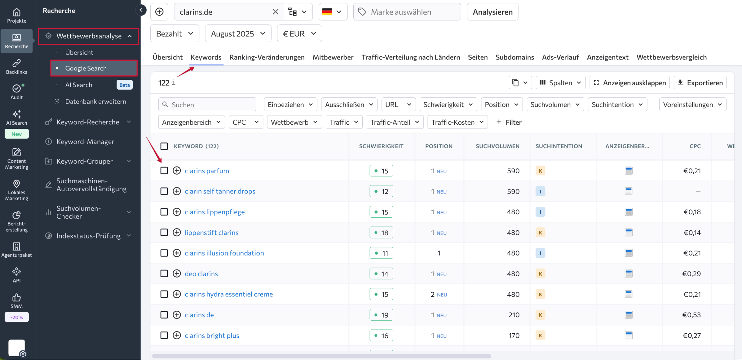 Bezahlte Keywords finden und als Prompt-Ideen nutzen Mit SE Ranking bezahlte Keywords finden und als Prompt-Ideen nutzen