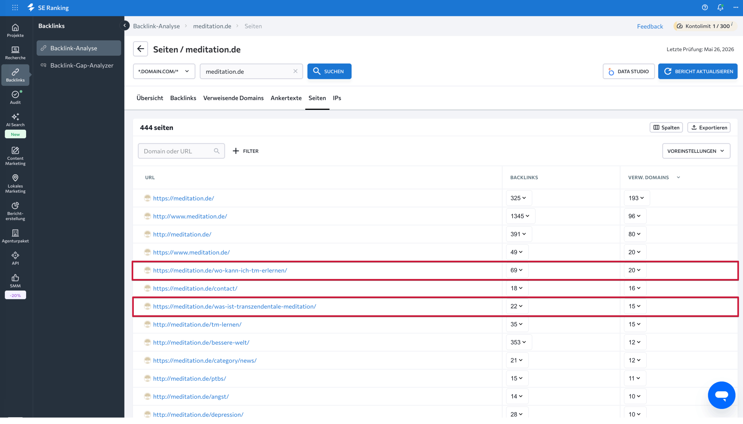 Backlinks im SE Ranking Backlink Checker Seiten mit den meisten Backlinks im SE Ranking Backlink Checker