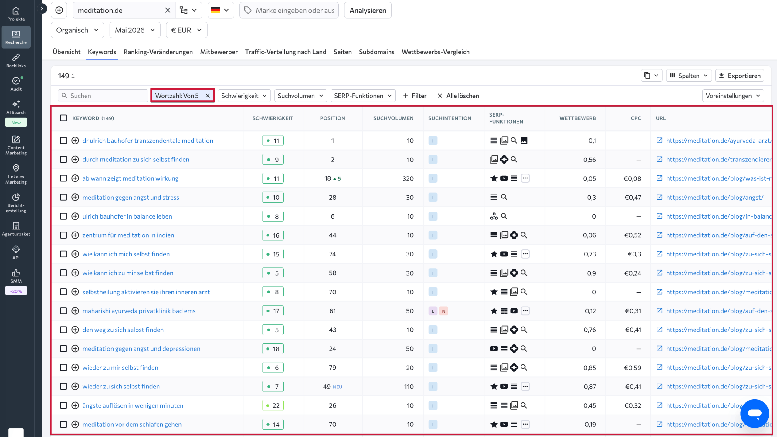 Keyword-Listen in SE Ranking Keyword-Liste in SE Ranking