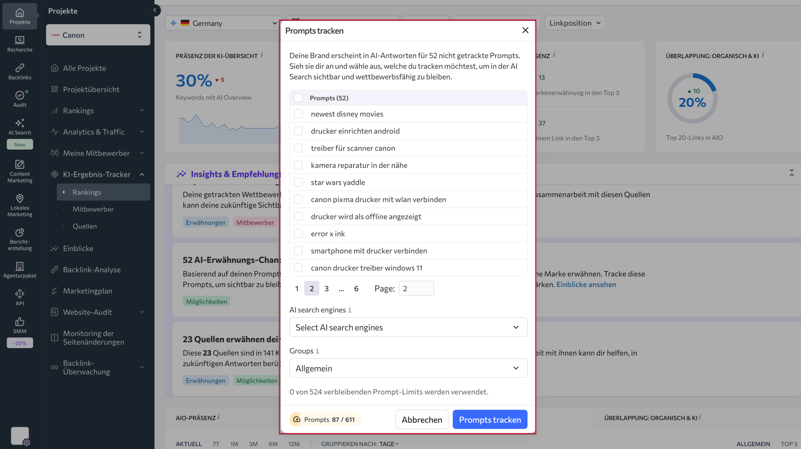 Vorgeschlagene Prompts im KI-Ergebnis-Tracker von SE Ranking prüfen Vorgeschlagene Prompts im AI Results Tracker von SE Ranking prüfen