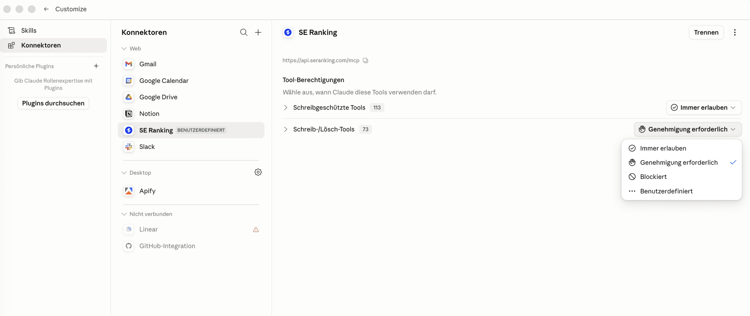 MCP-Tools in Claude: Lese-Tools erlauben, Schreib-Tools manuell freigeben Berechtigungen für die SE Ranking MCP-Tools in Claude Desktop einstellen