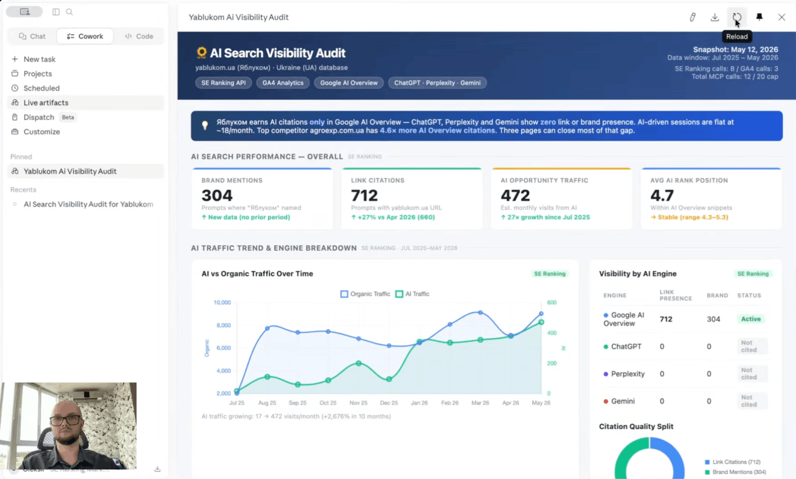 Selbst aktualisierendes SEO-Dashboard als Live Artifact in Claude Live Artifact in Claude als interaktives SEO-Dashboard mit KI-Sichtbarkeit und GA4-Traffic